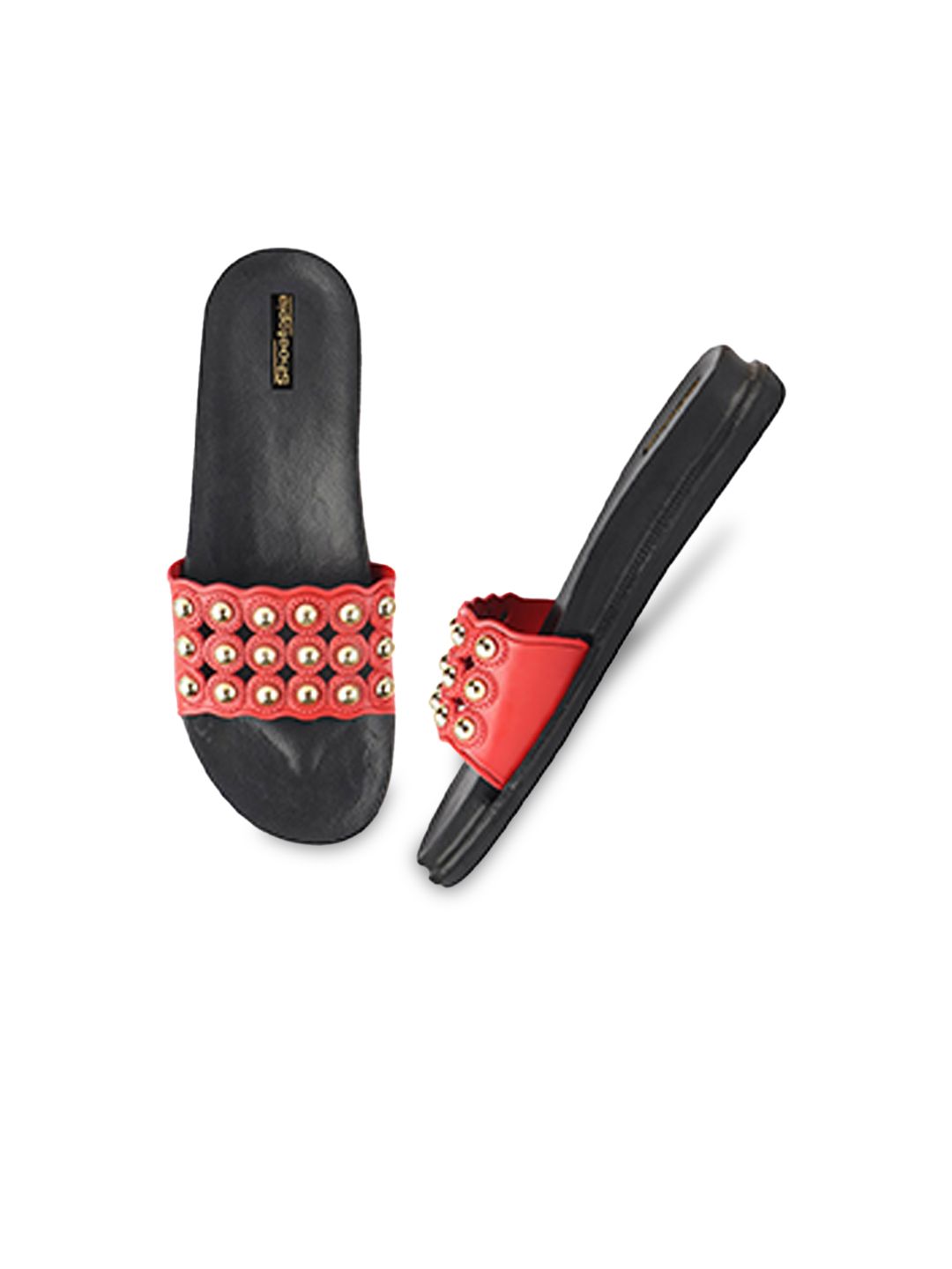 Shoetopia Women Red & Gold Embellished Sliders Price in India