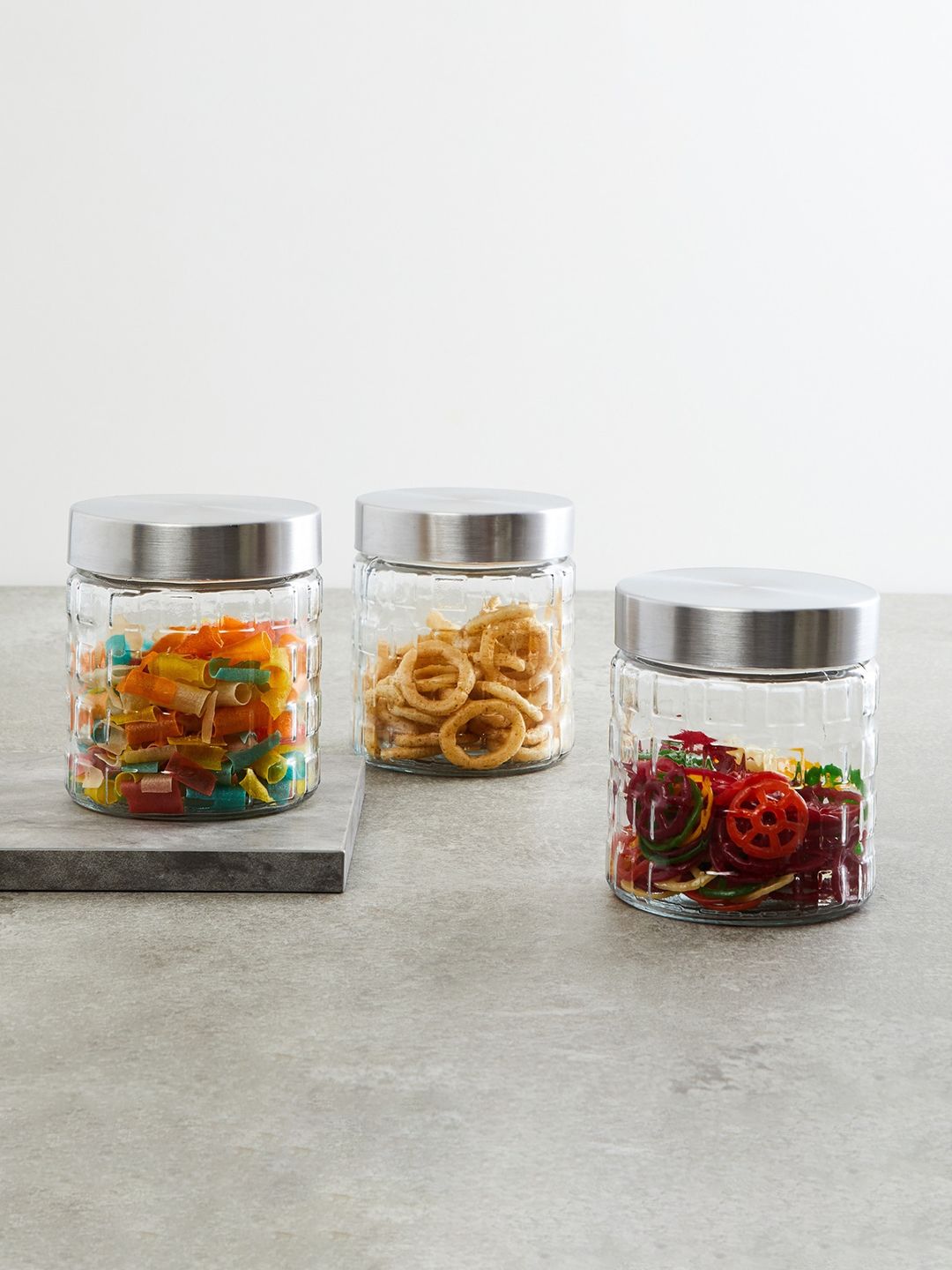 Home Centre Set of 3 Transparent & Silver-Toned Textured Spice Jars Price in India