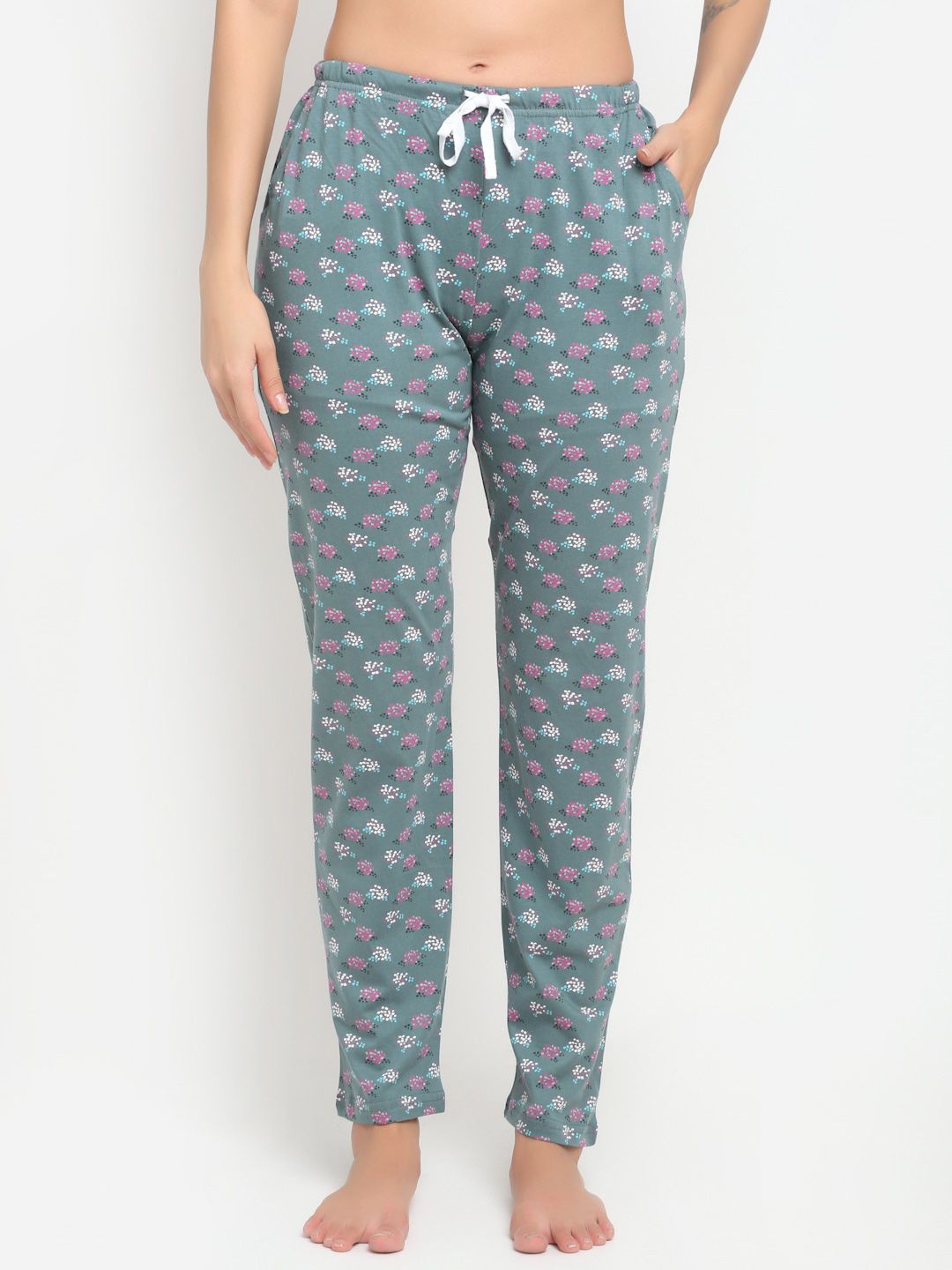 Kanvin Women Grey & Pink Floral Printed Cotton Lounge Pants Price in India