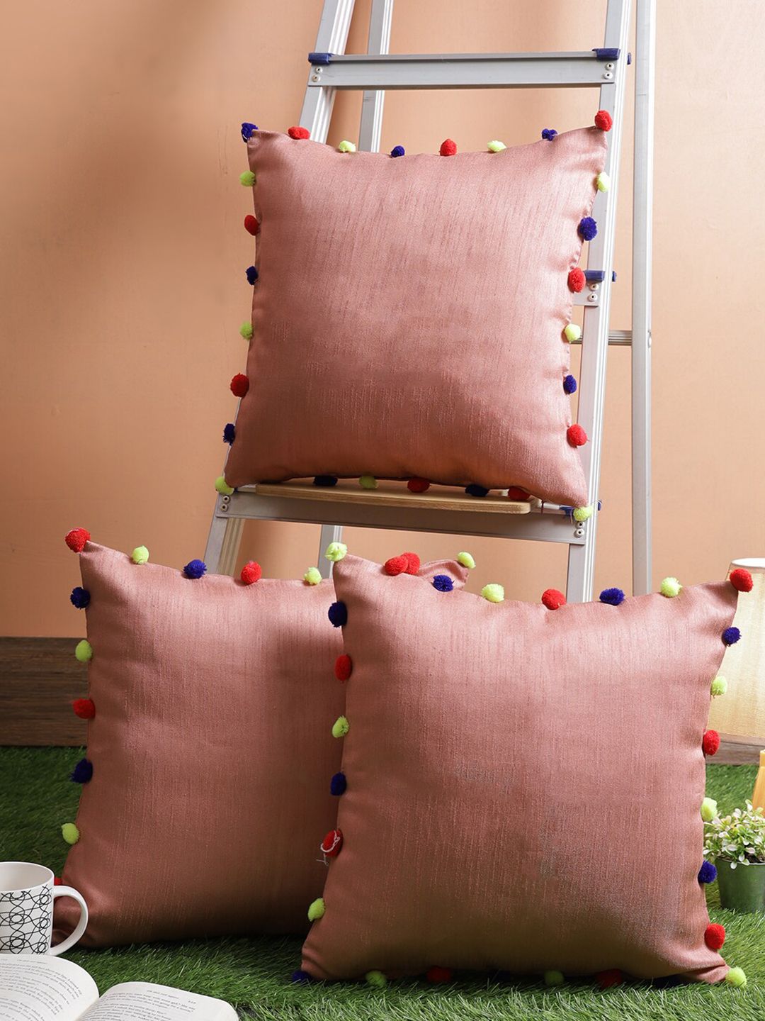 RANGDESI Peach-Coloured & Blue Set of 3 Embellished Square Cushion Covers Price in India