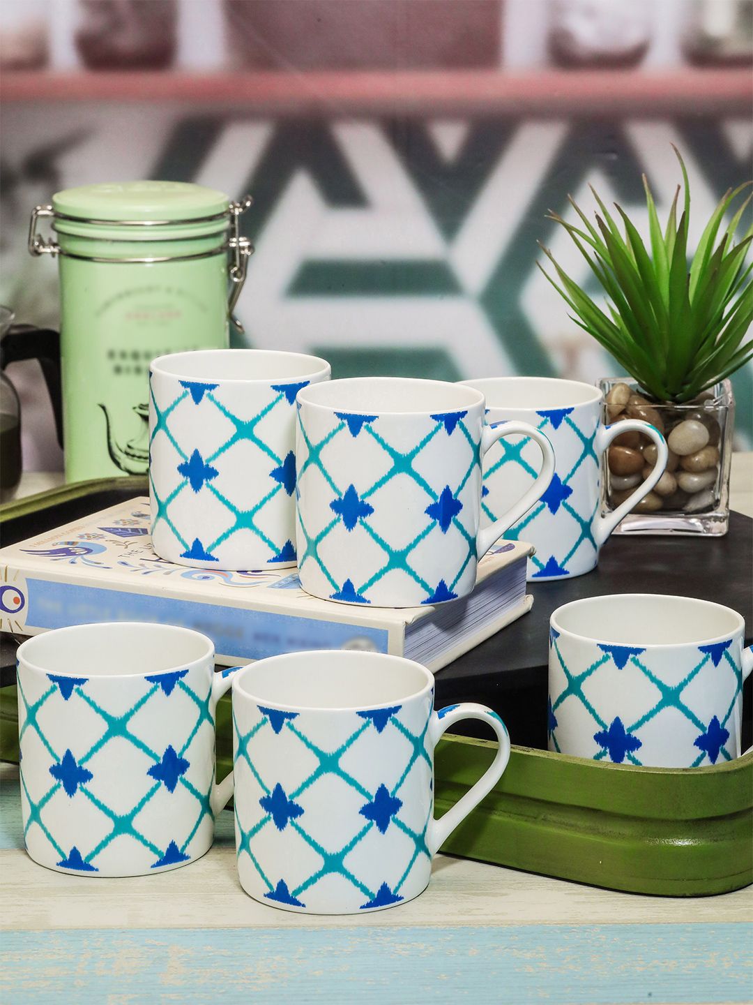 GOODHOMES Set of 6 White & Blue Geometric Printed Bone China Glossy Mugs Price in India