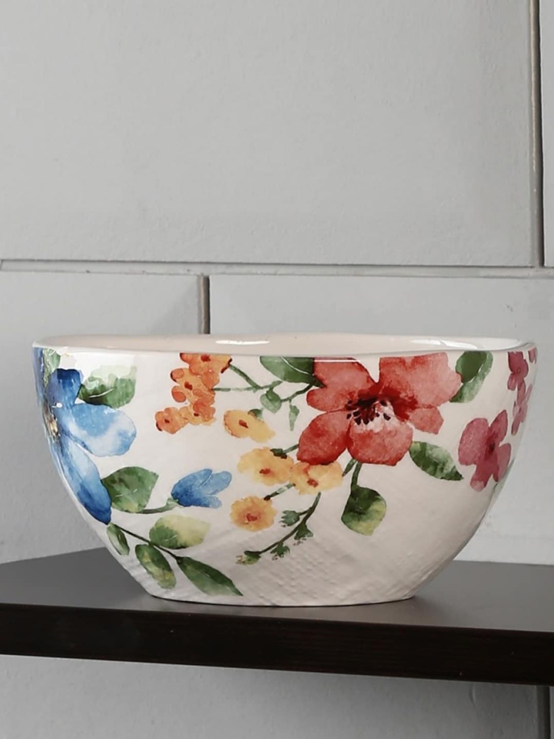 Home Centre Beige & Blue Floral Printed Cereal Bowl Price in India