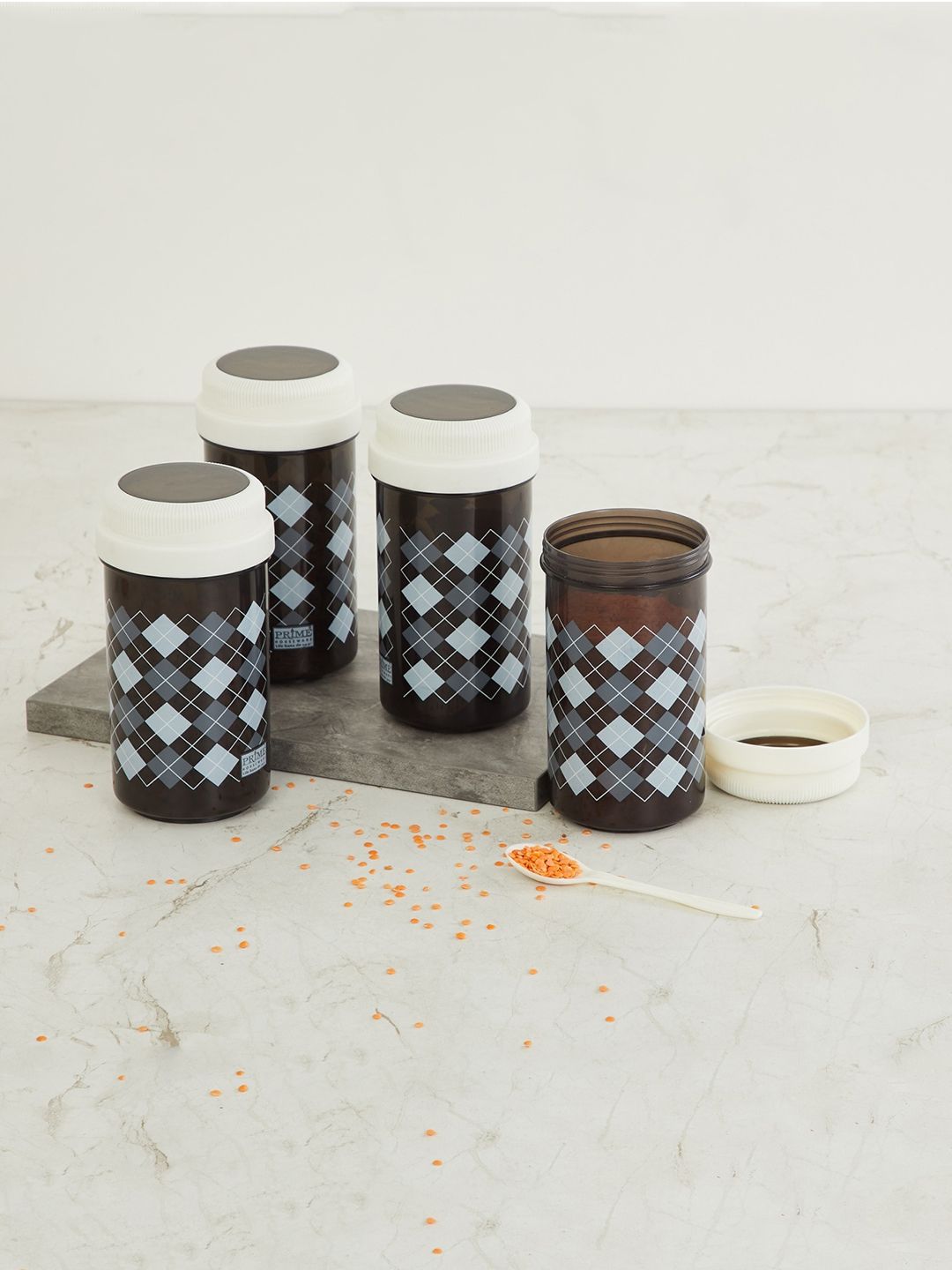 Home Centre Set Of 4 Black & White Argyle Printed Storage Containers Price in India