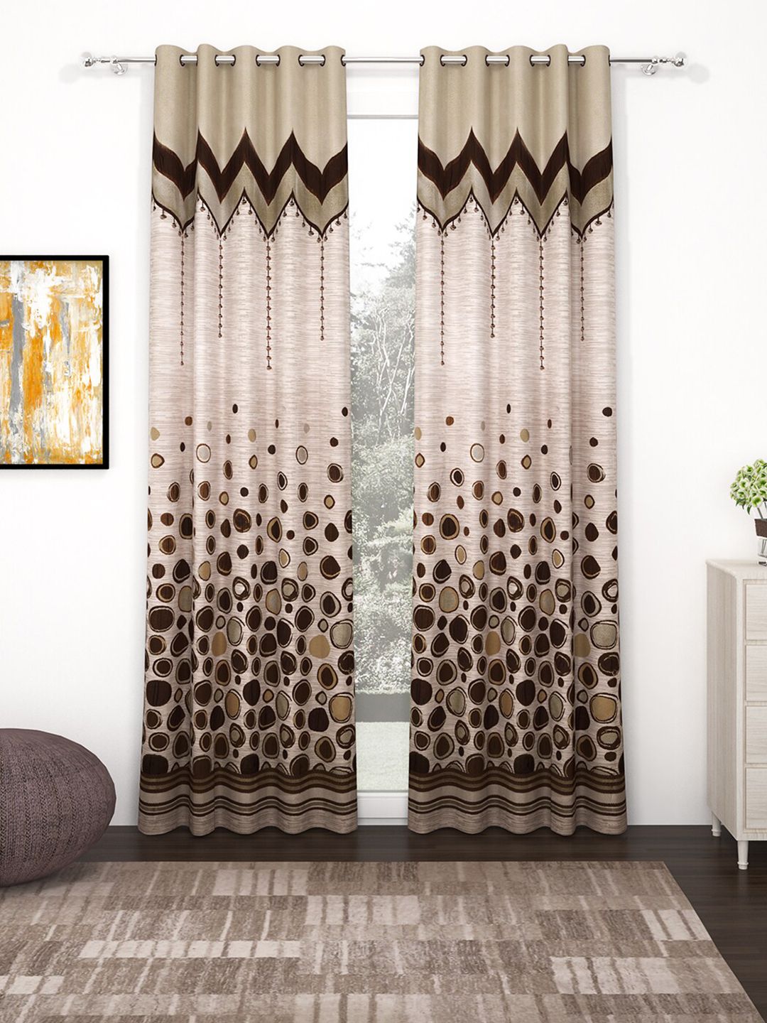 Story@home Cream-Coloured & Brown Set of 2 Premium Jacquard 350GSM Room Darkening Eyelet Door Curtain Price in India