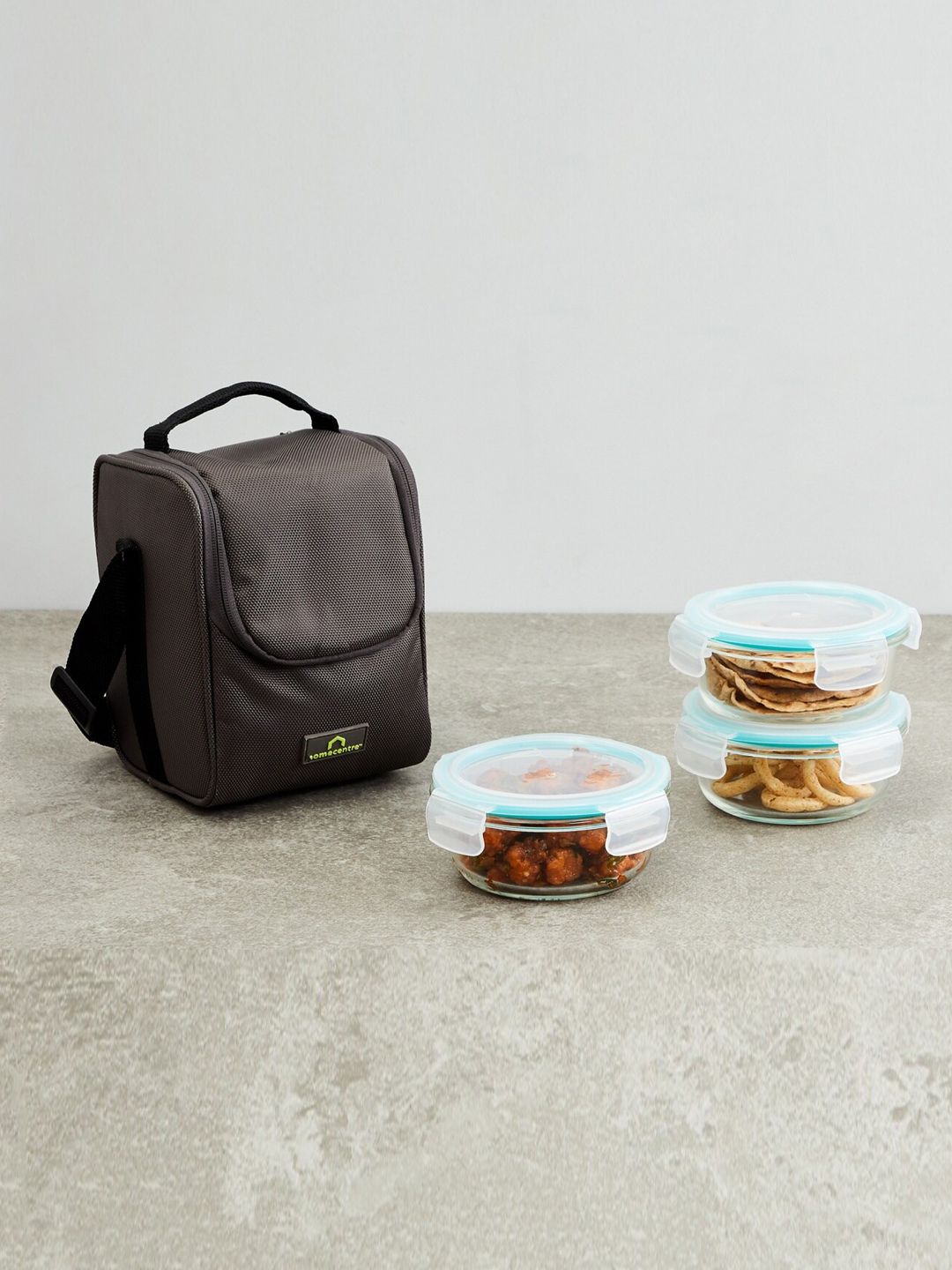 Home Centre Set Of 3 Transparent Solid Glass Lunch Box Set With Lunch Bag Price in India