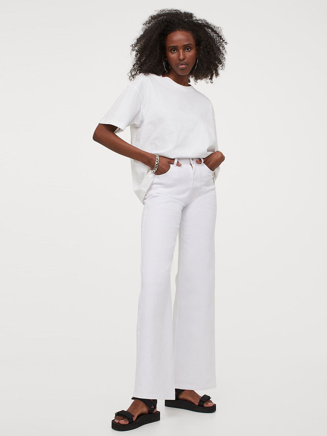 H&M Women White Wide Twill Trousers