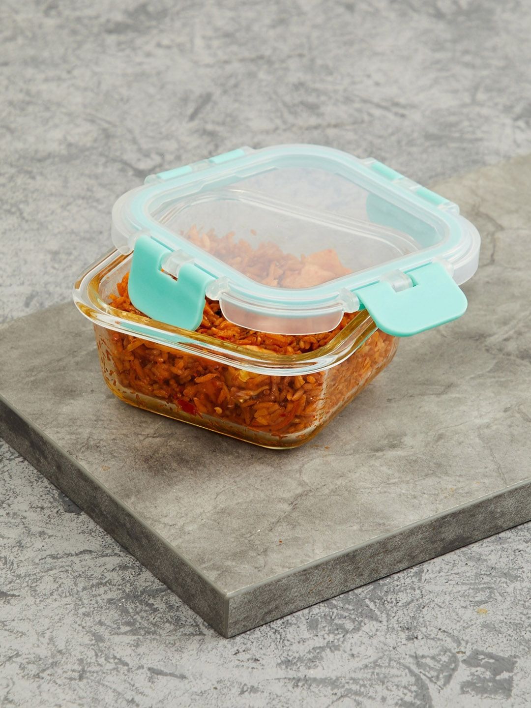 Home Centre Transparent & Turquoise Blue Solid Square Food Storage Container With Removable Lid 320 ml Price in India