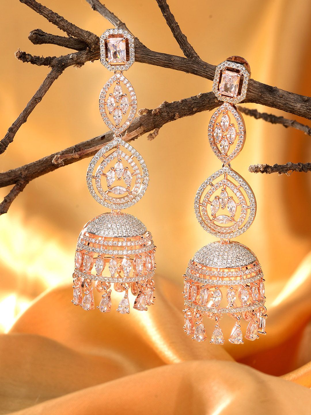 Saraf RS Jewellery Women White & Rose Gold Contemporary Jhumkas Earrings Price in India