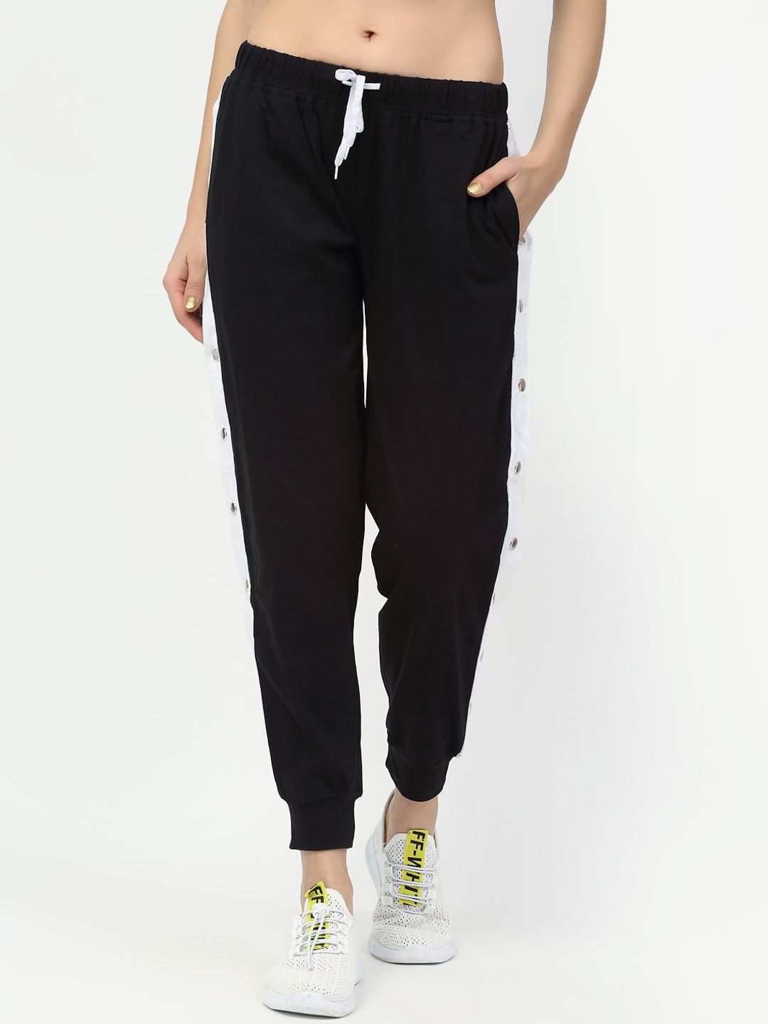 Rigo Women Black Solid Cotton Contrast Tape Joggers Price in India