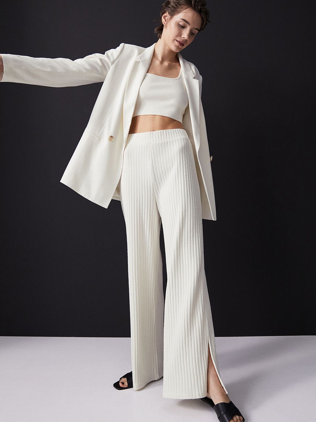 H&M Women Off White Ribbed Trousers