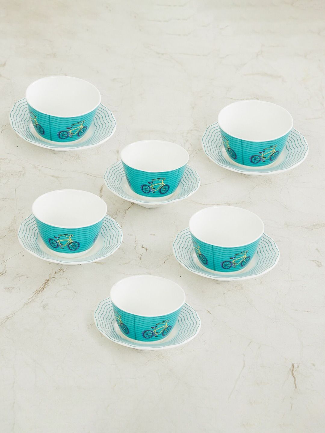 Home Centre Teal Blue & White 6 Pcs Raisa Lisbon Printed Bone China Cups and Saucer Set Price in India