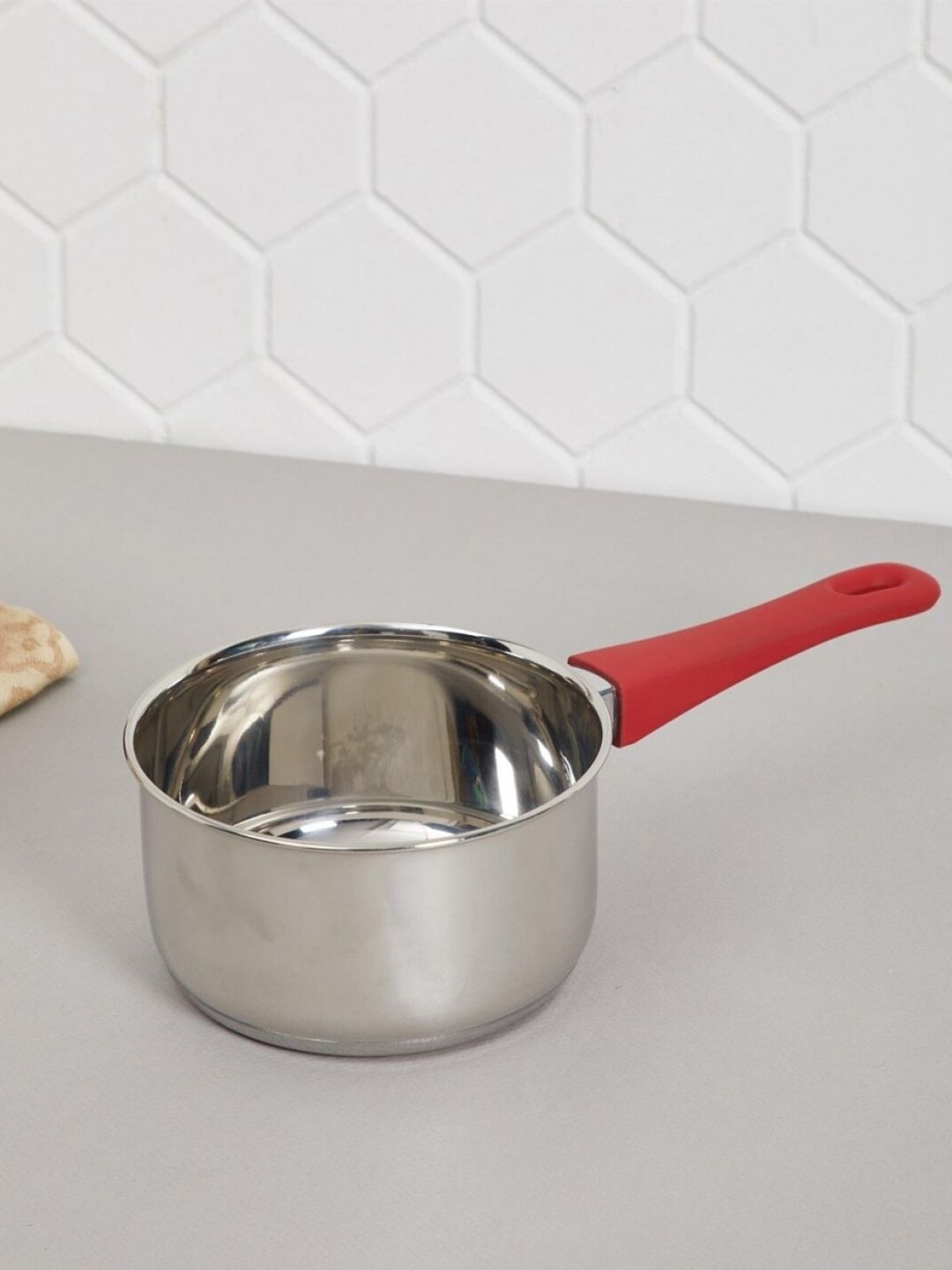 Home Centre Silver-Toned & Red Magnus Stainless Steel Milk Pan Price in India