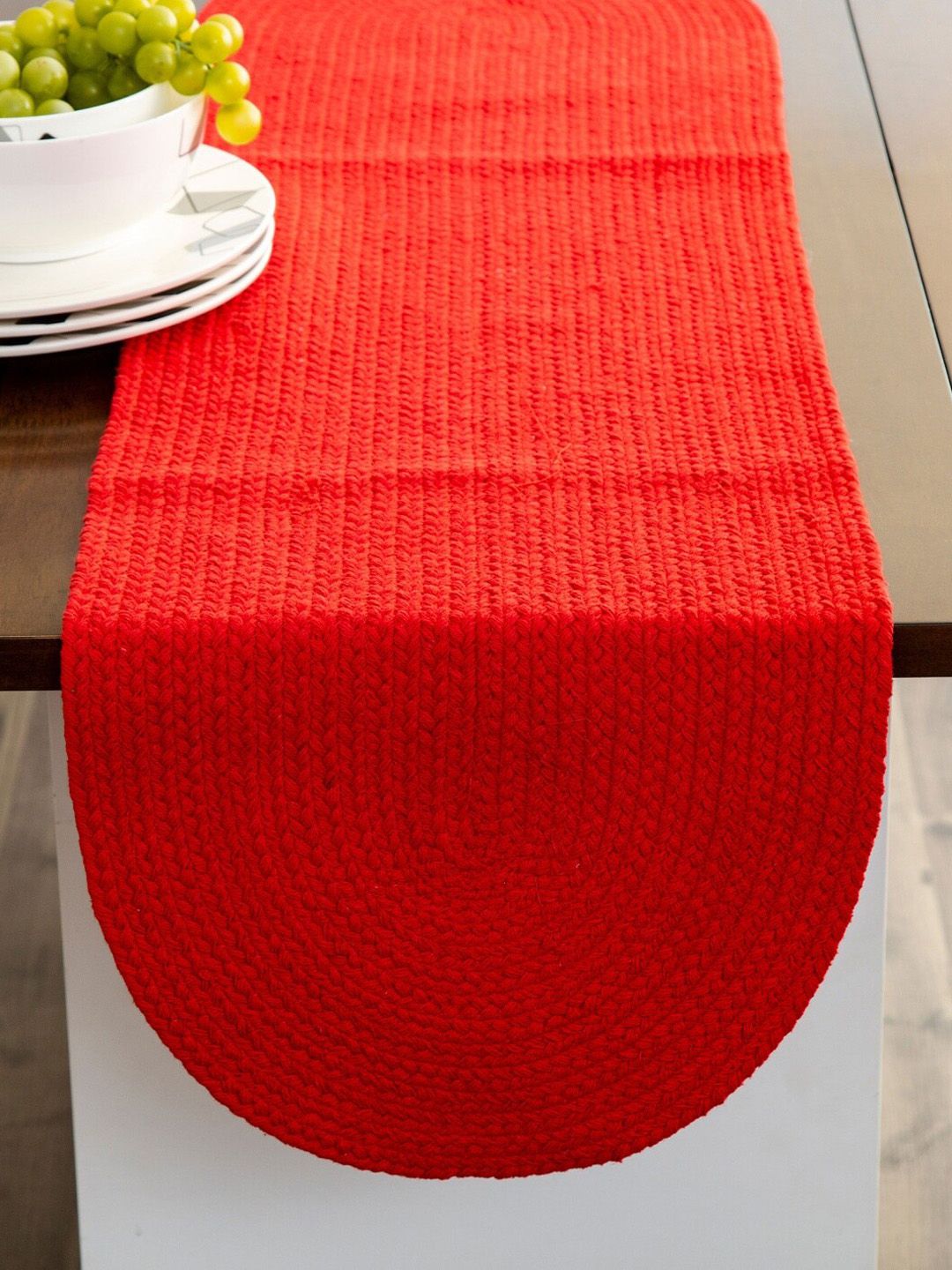 Home Centre Red Solid Pure Cotton Braided Table Runner Price in India