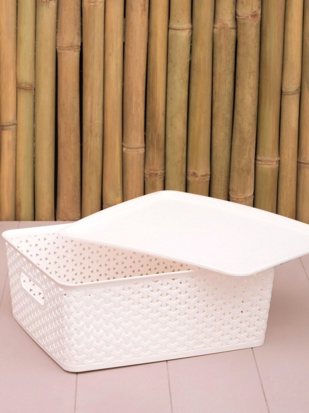 Home Centre White Solid Regan Textured Plastic Square Storage Basket With Lid - 14.5L Price in India