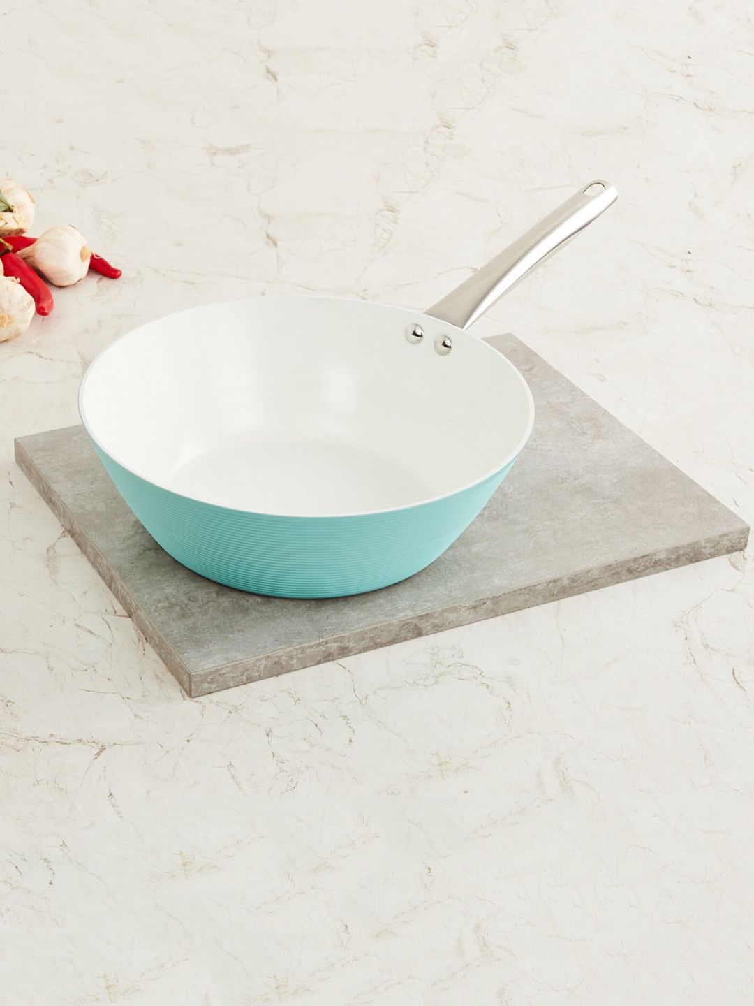 Home Centre White & Blue Solid Wok Pan Price in India