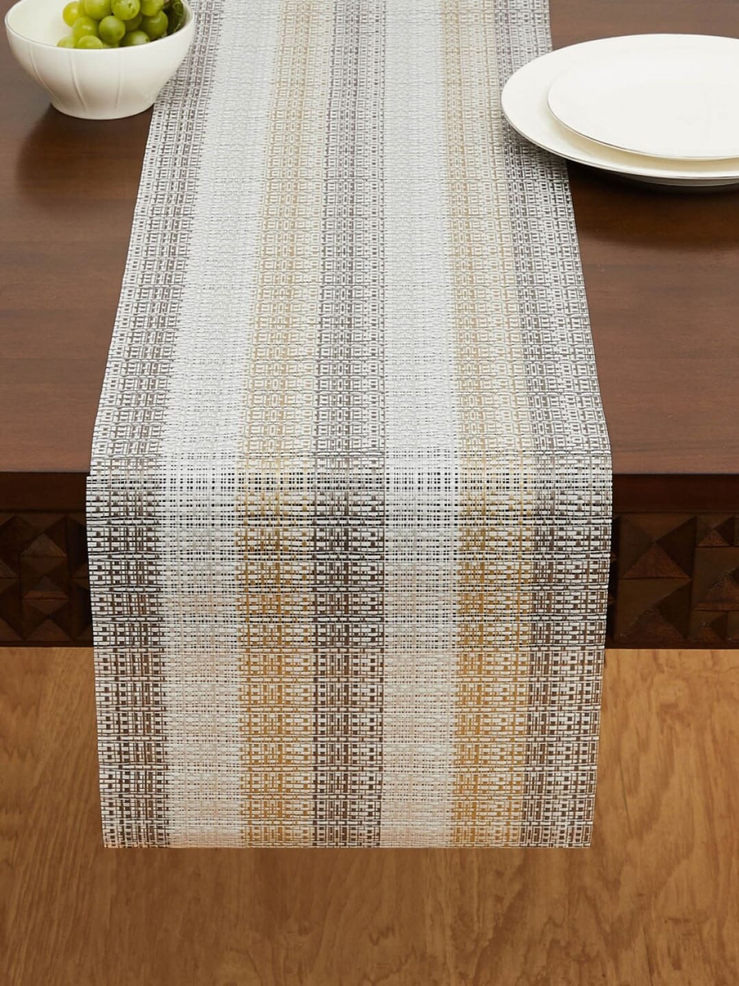 Home Centre Beige & White Woven Rectangular Table Runner Price in India