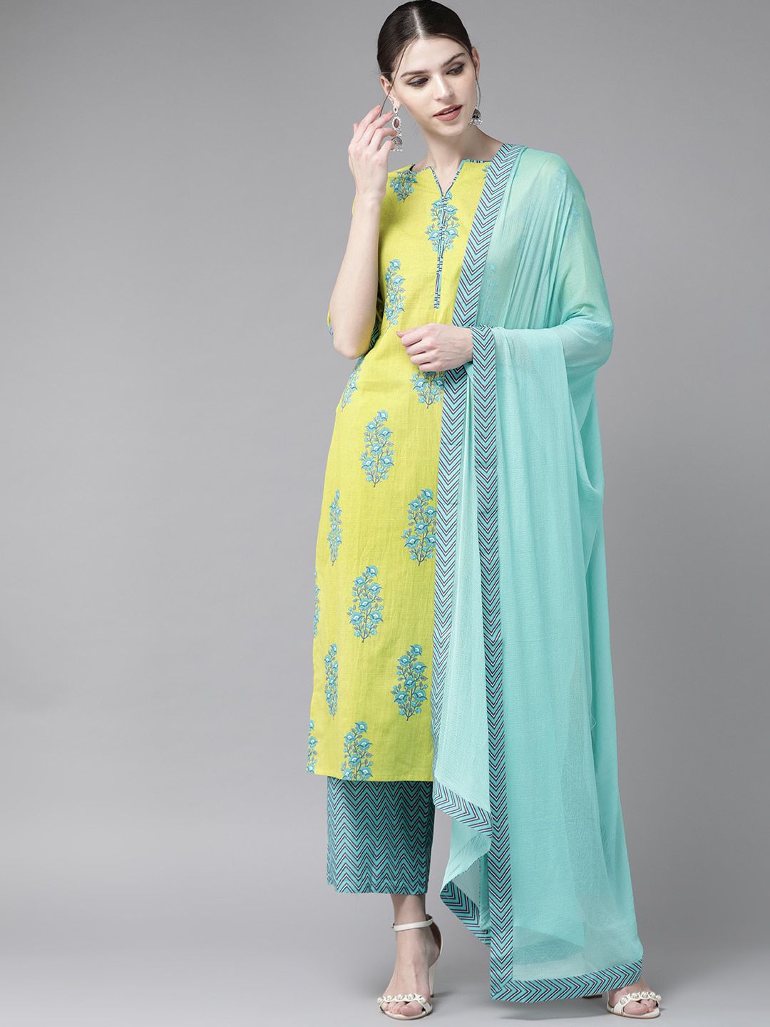 Libas Women Green Floral Printed Pure Cotton Kurta with Trousers & With Dupatta Price in India