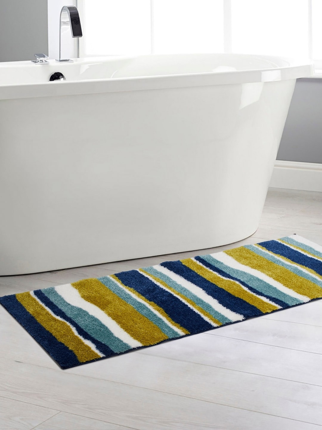 Home Centre Teal Blue & Olive Green Striped Bath Rug Price in India