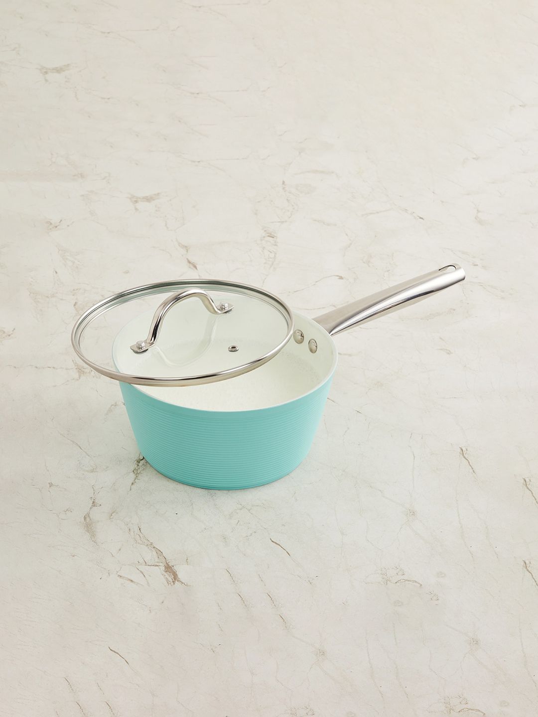 Home Centre Teal Blue & Silver-Toned Milk Pan With Glass Lid Price in India