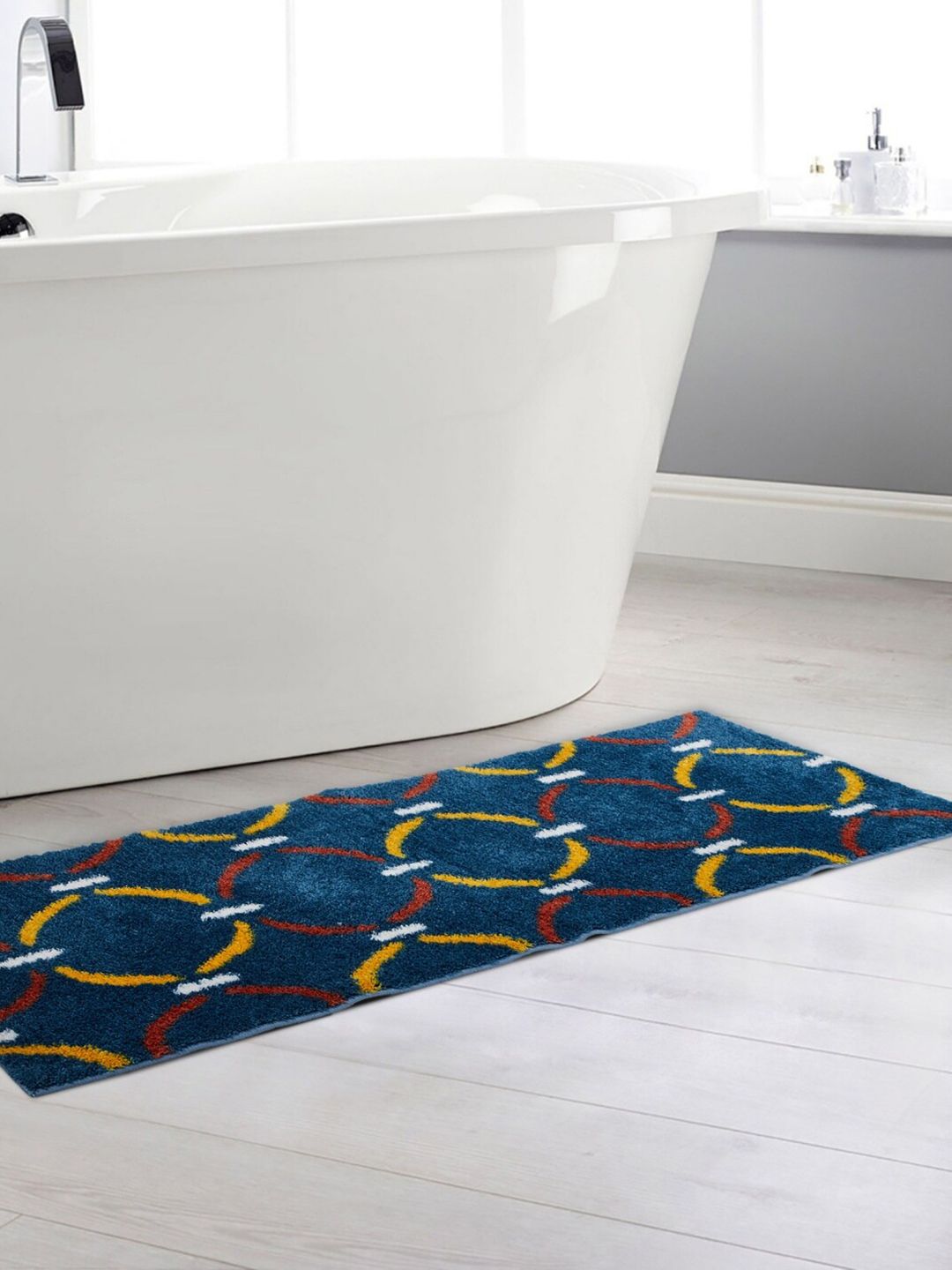 Home Centre Blue & Yellow Printed Bath Runner Price in India