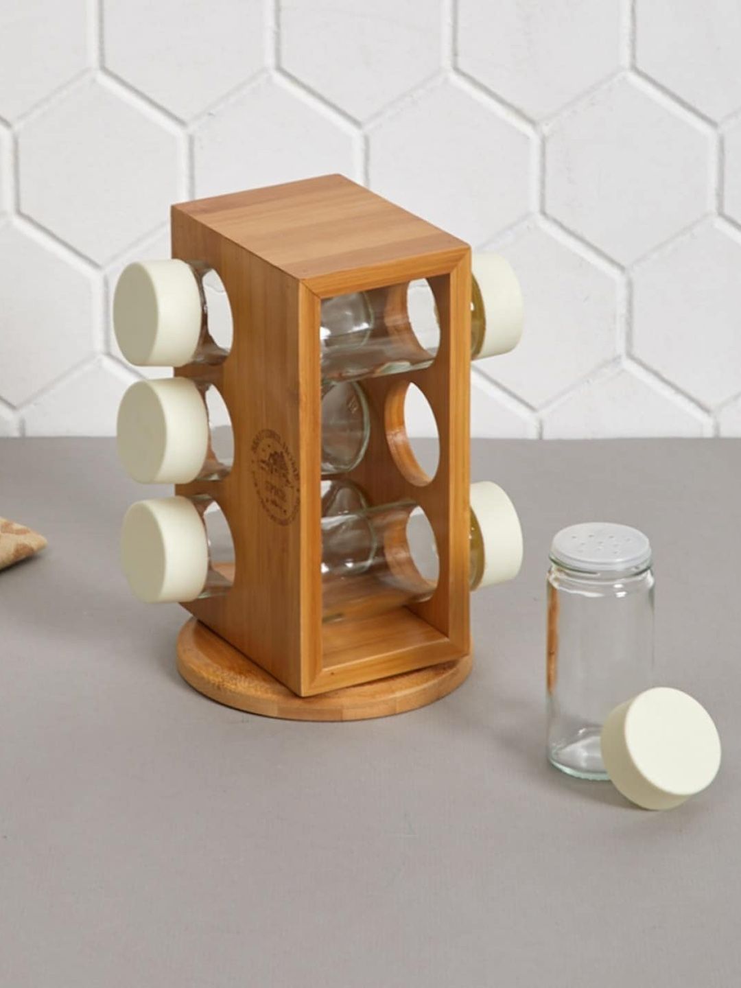 Home Centre Set Of 6 Transparent & Brown Air-Tight Spice Rack Set With Bamboo Stand Price in India
