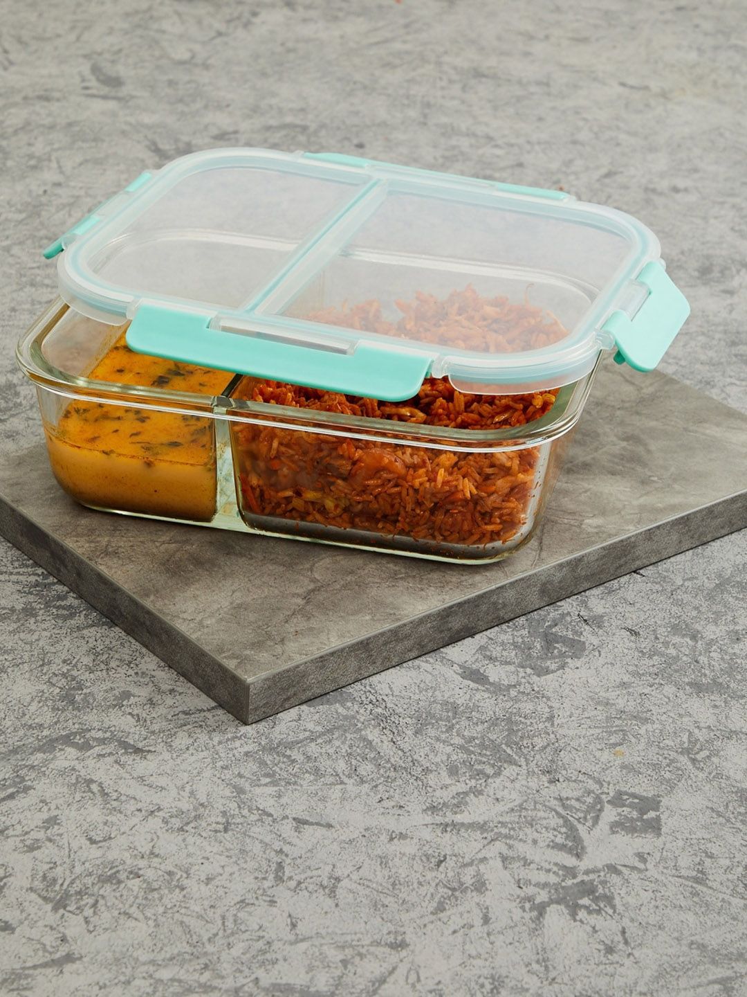 Home Centre Transparent & Blue Solid Divider Glass Food Storage Container 1.5 L Price in India