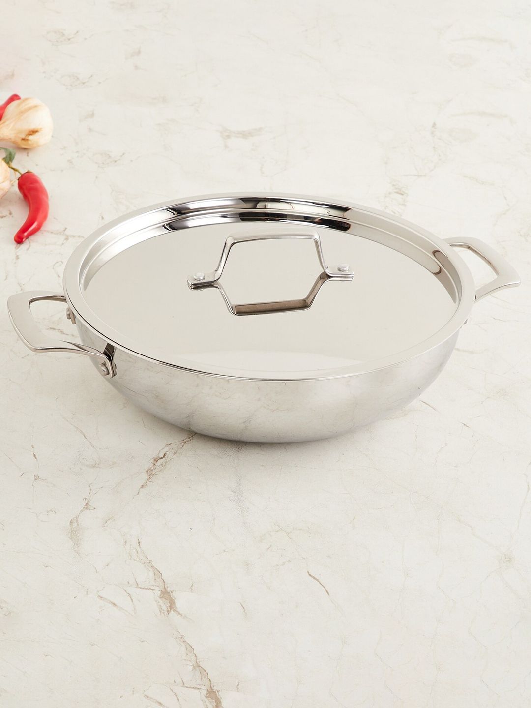 Home Centre Silver-Toned Solid Stainless Steel Induction Base Kadhai With Lid Price in India