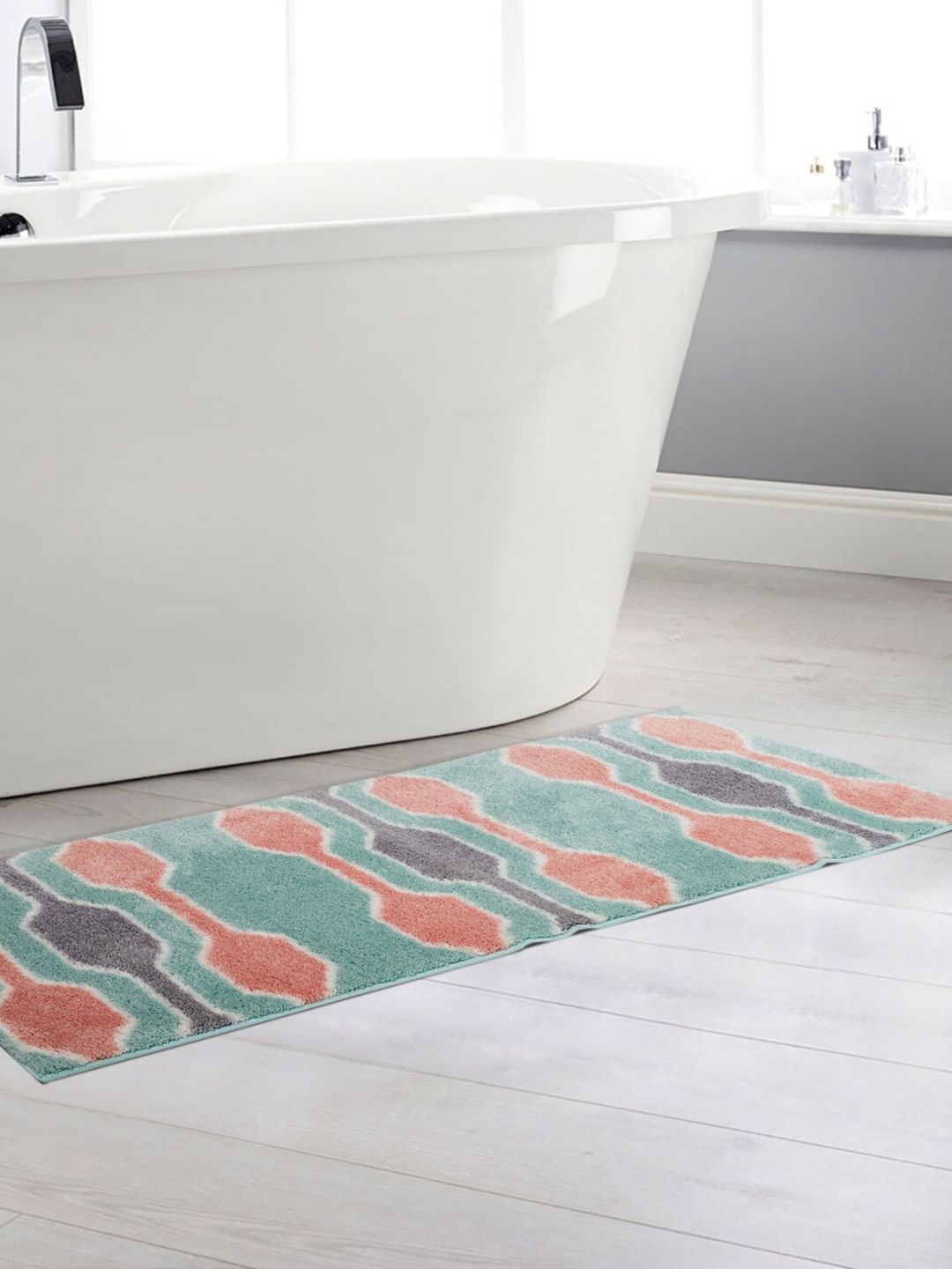 Home Centre Teal-Blue & Coral-Coloured Medley Printed Bath Anti-Skid Runner Price in India