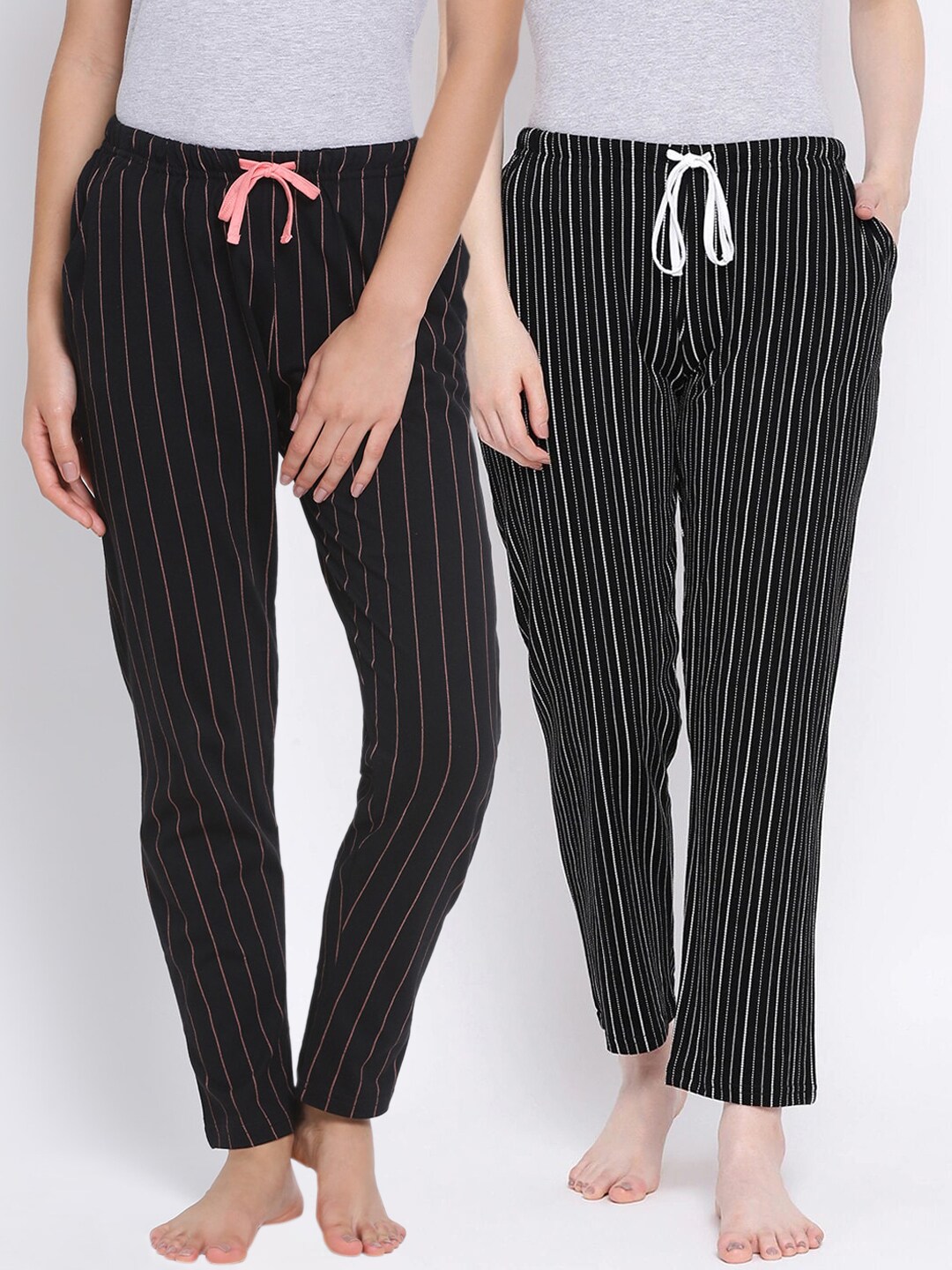 Kanvin Women Pack Of 2 Black Striped Cotton Lounge Pants Price in India
