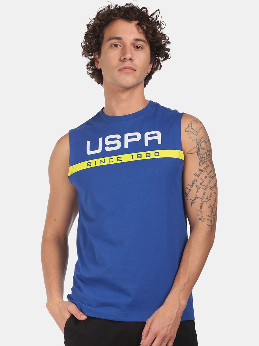 U.S. Polo Assn. Men Blue & White Brand Printed Cotton Lounge T-shirt