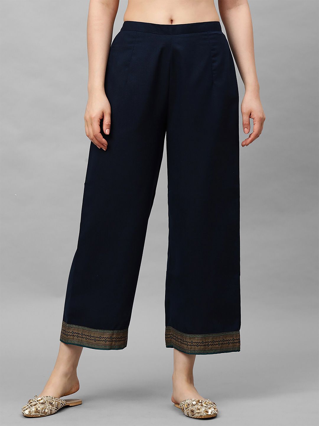 Indo Era Women Navy Blue Solid Straight Palazzos Price in India