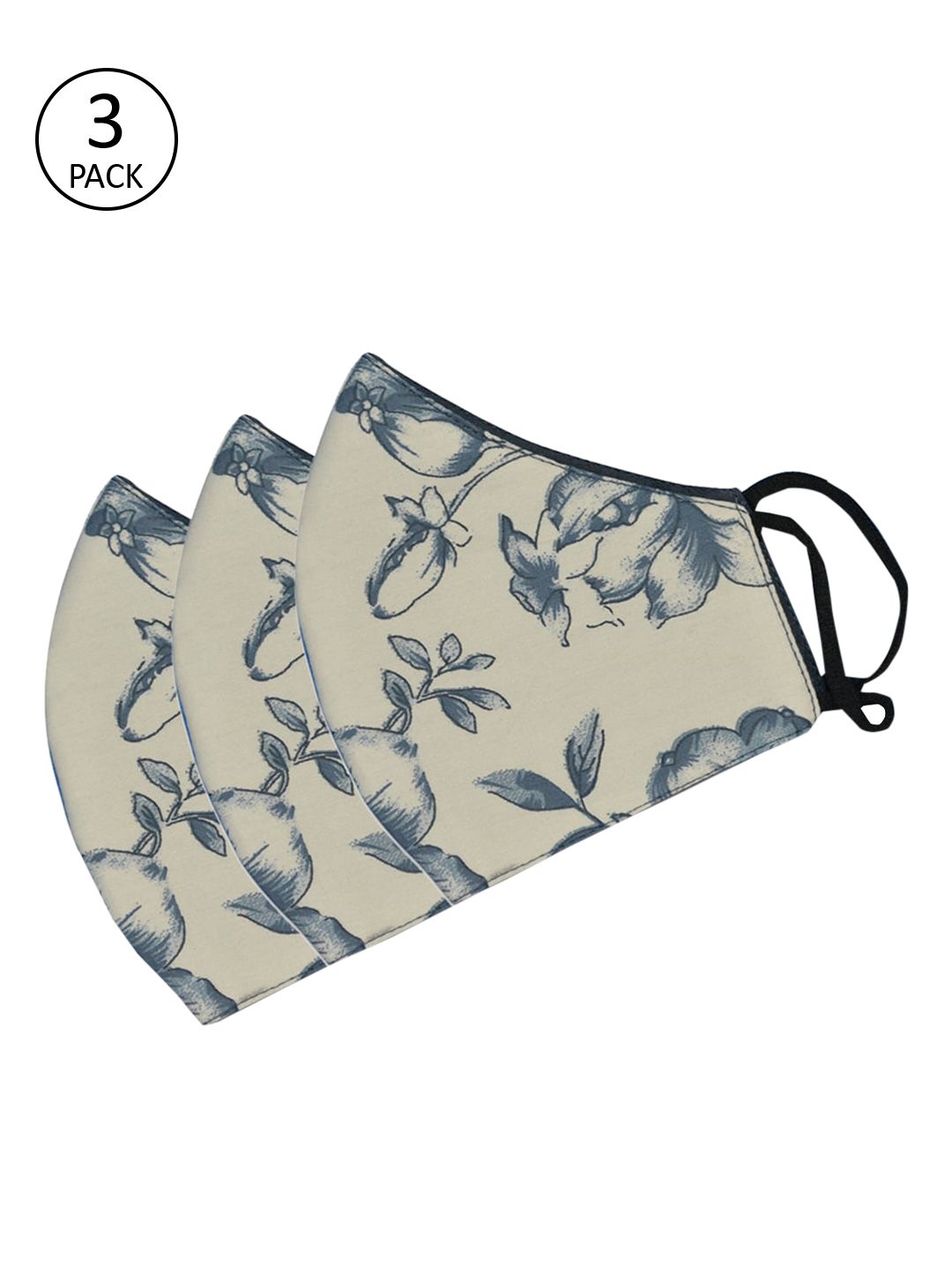 Tossido Pack Of 3 Off-White & Grey Floral Printed 3-Ply 100% Cotton Reusable Cloth Masks Price in India