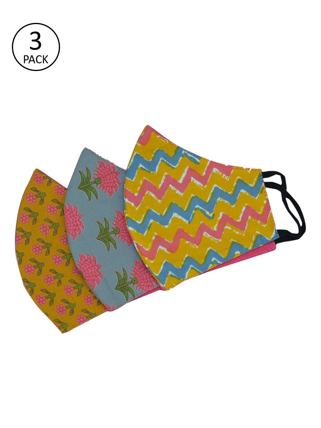 Tossido Women Pack of 3 Mustard-Yellow & Grey 3-Ply Printed Cotton Cloth Mask Price in India