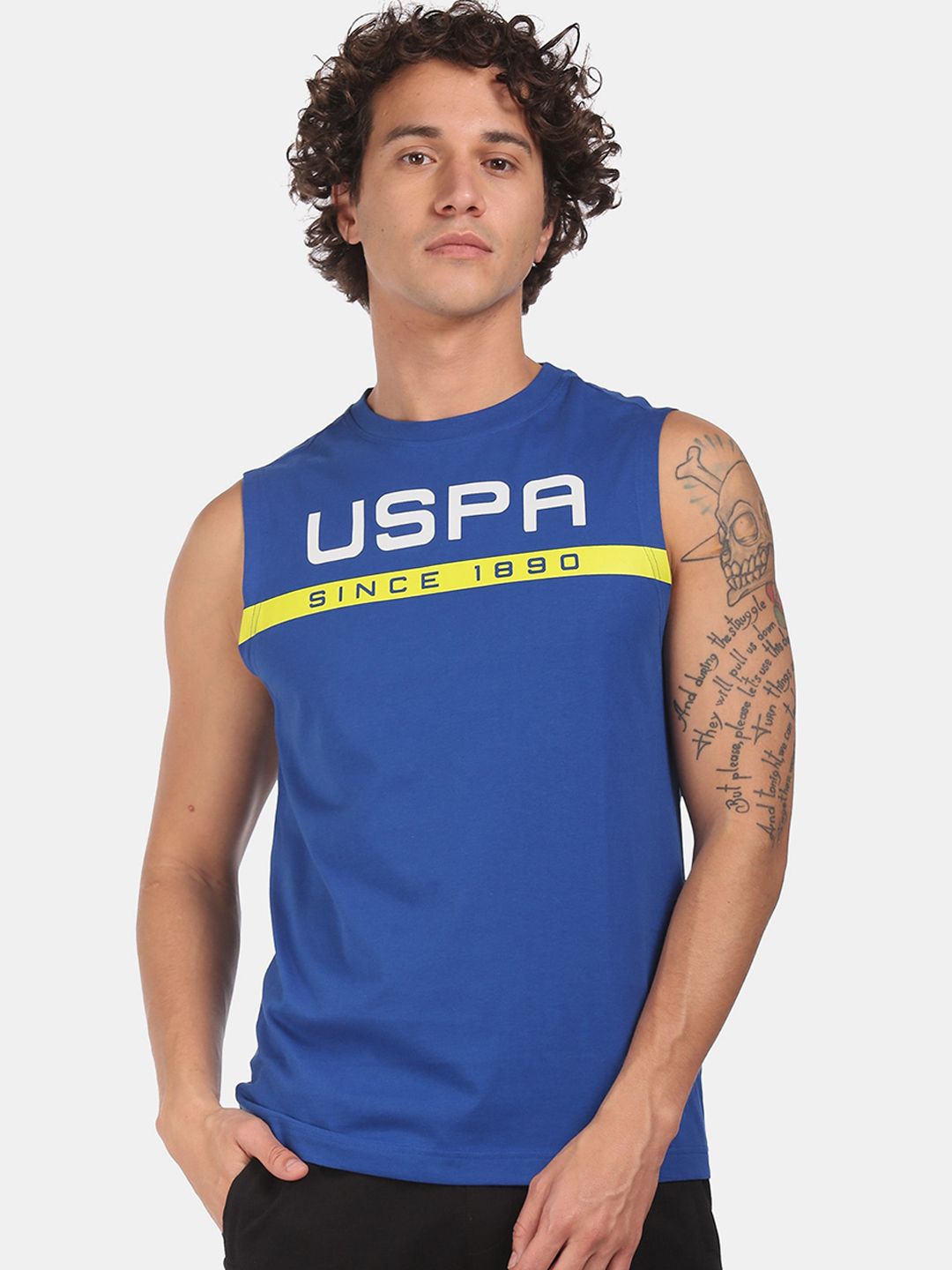 U.S. Polo Assn. Men Blue & White Printed Sleeveless Cotton Lounge T-Shirt