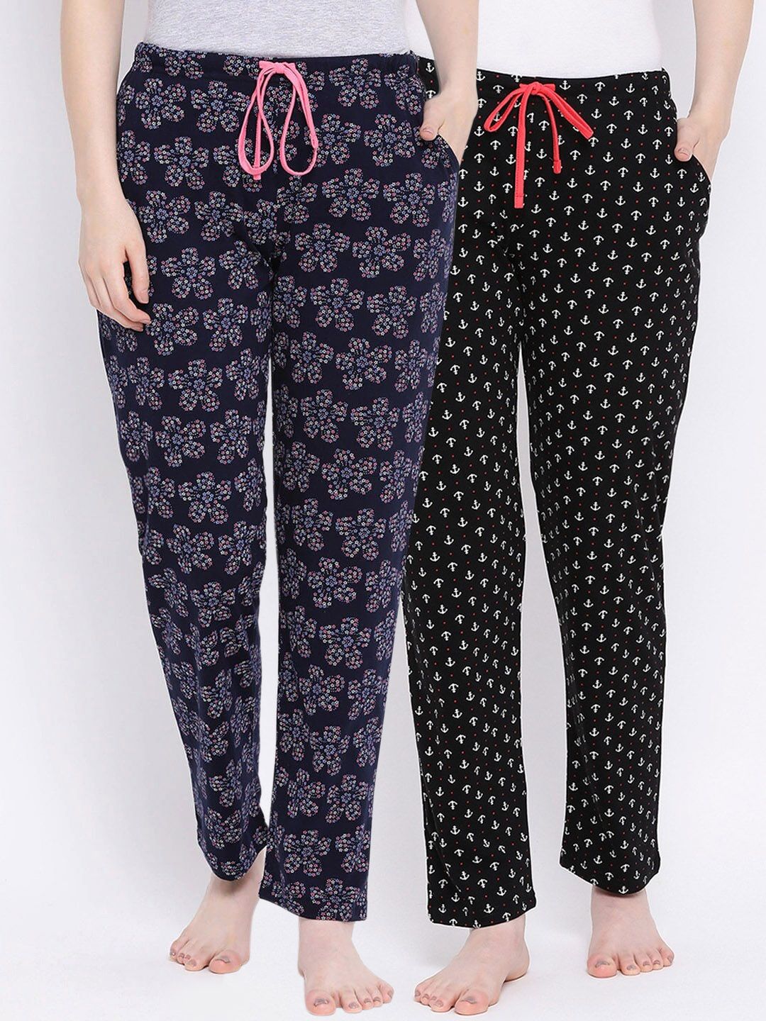 Kanvin Women Pack of 2 Printed Pure Cotton Lounge Pants PJ1064+PJ1070 Price in India