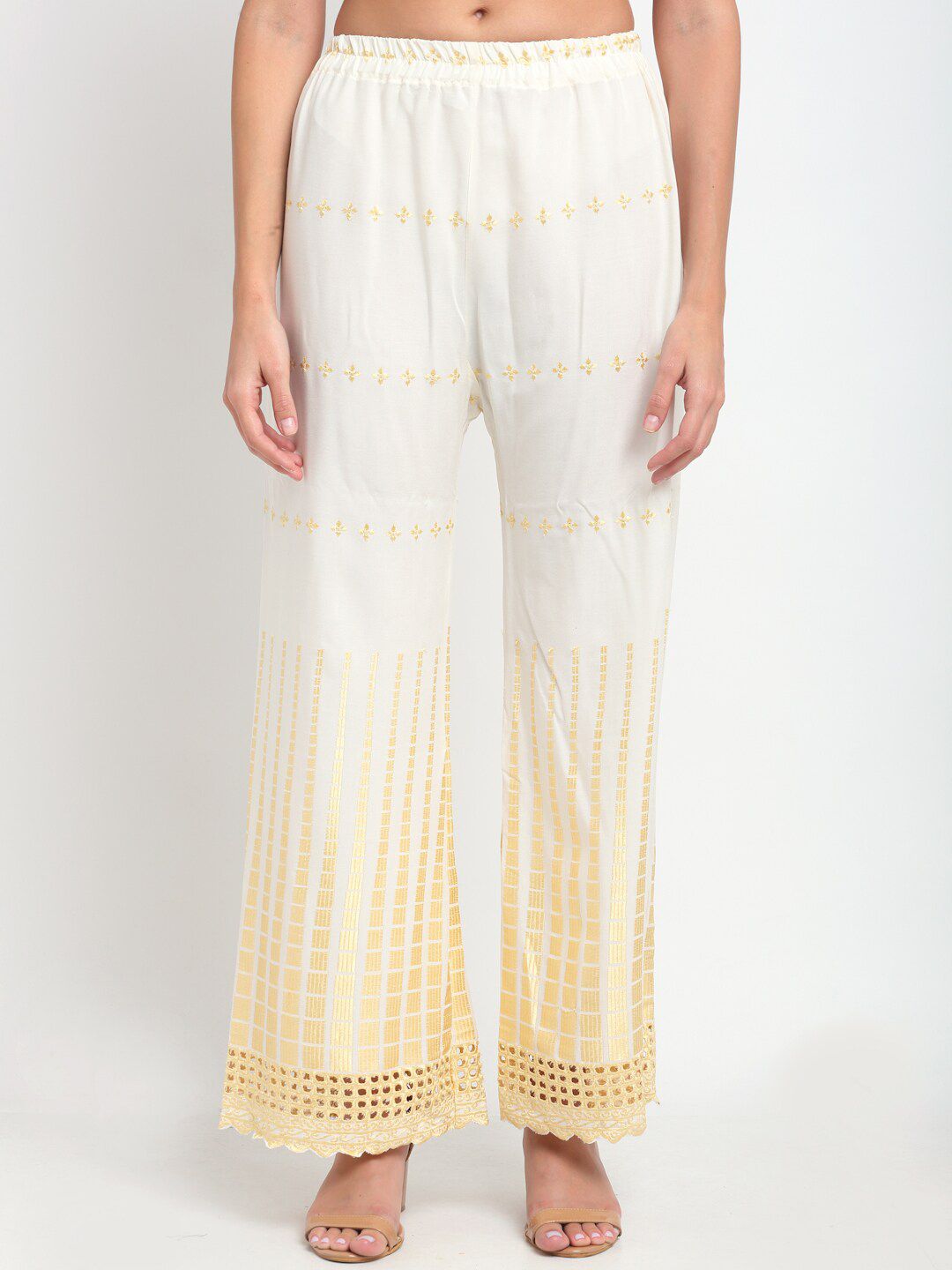 NEUDIS Women White & Gold-Toned Embroidered Wide Leg Palazzos Price in India