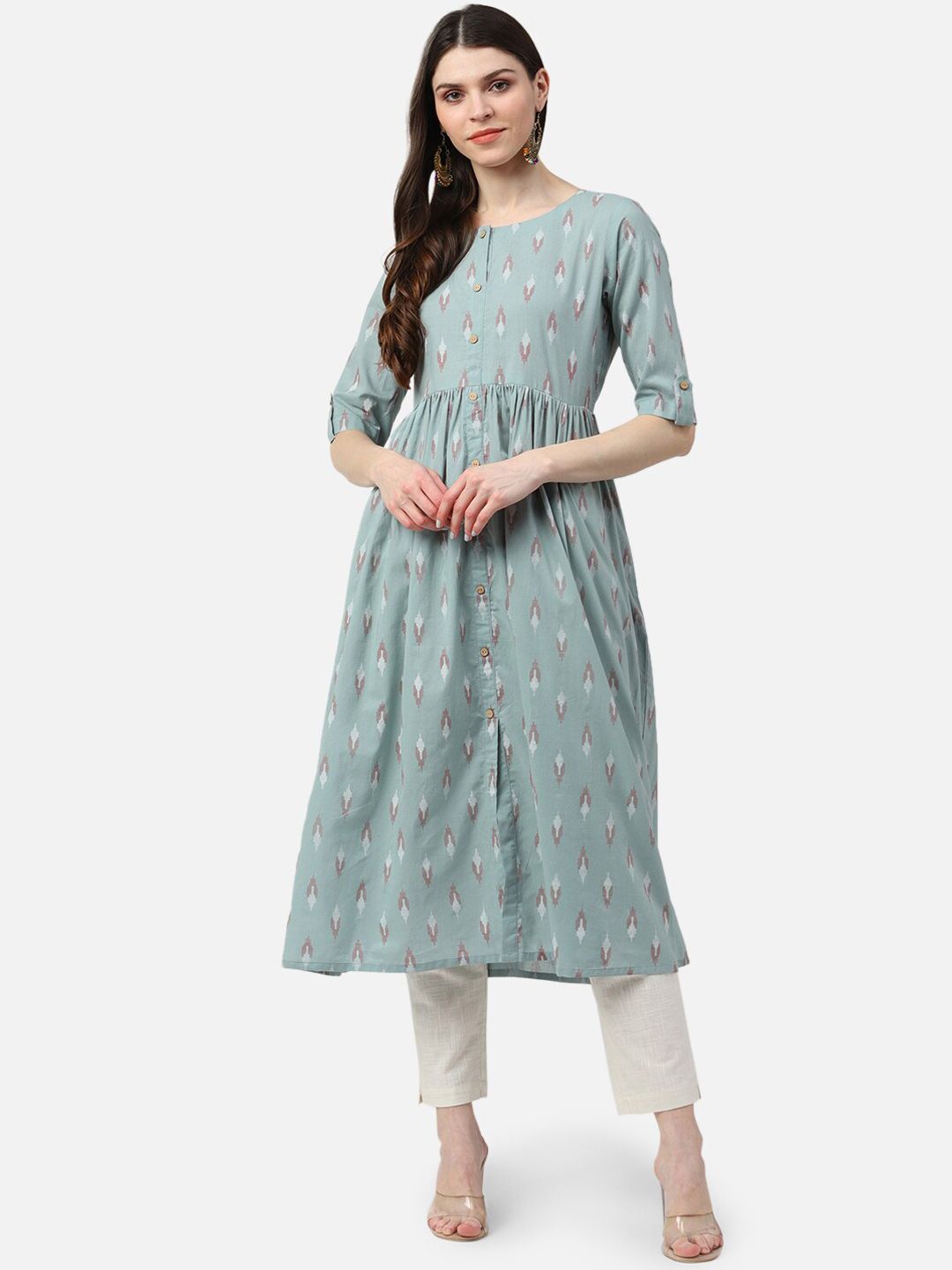 AHIKA Women Teal Floral Printed Anarkali Kurta