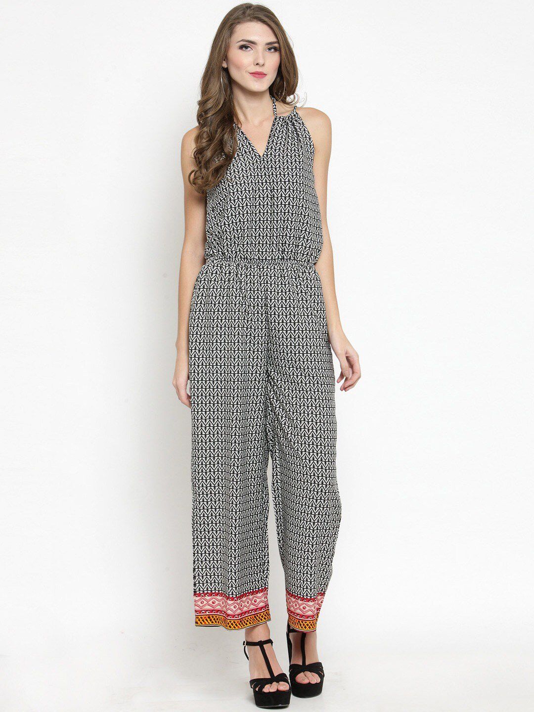 Sera Women White & Black Printed Basic Jumpsuit Price in India