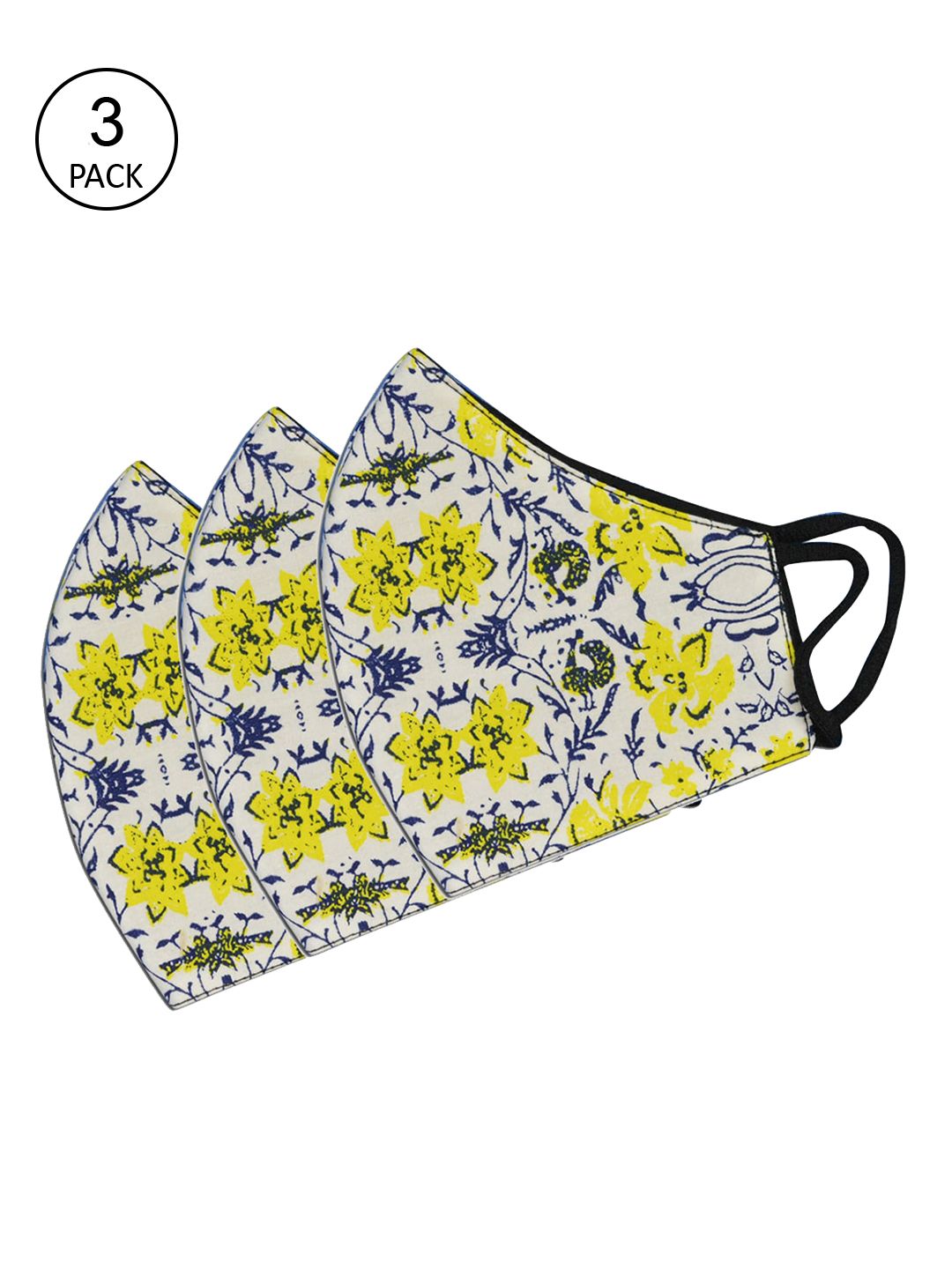 Tossido Pack Of 3 Yellow & White Floral Printed 3-Ply 100% Cotton Reusable Cloth Masks Price in India