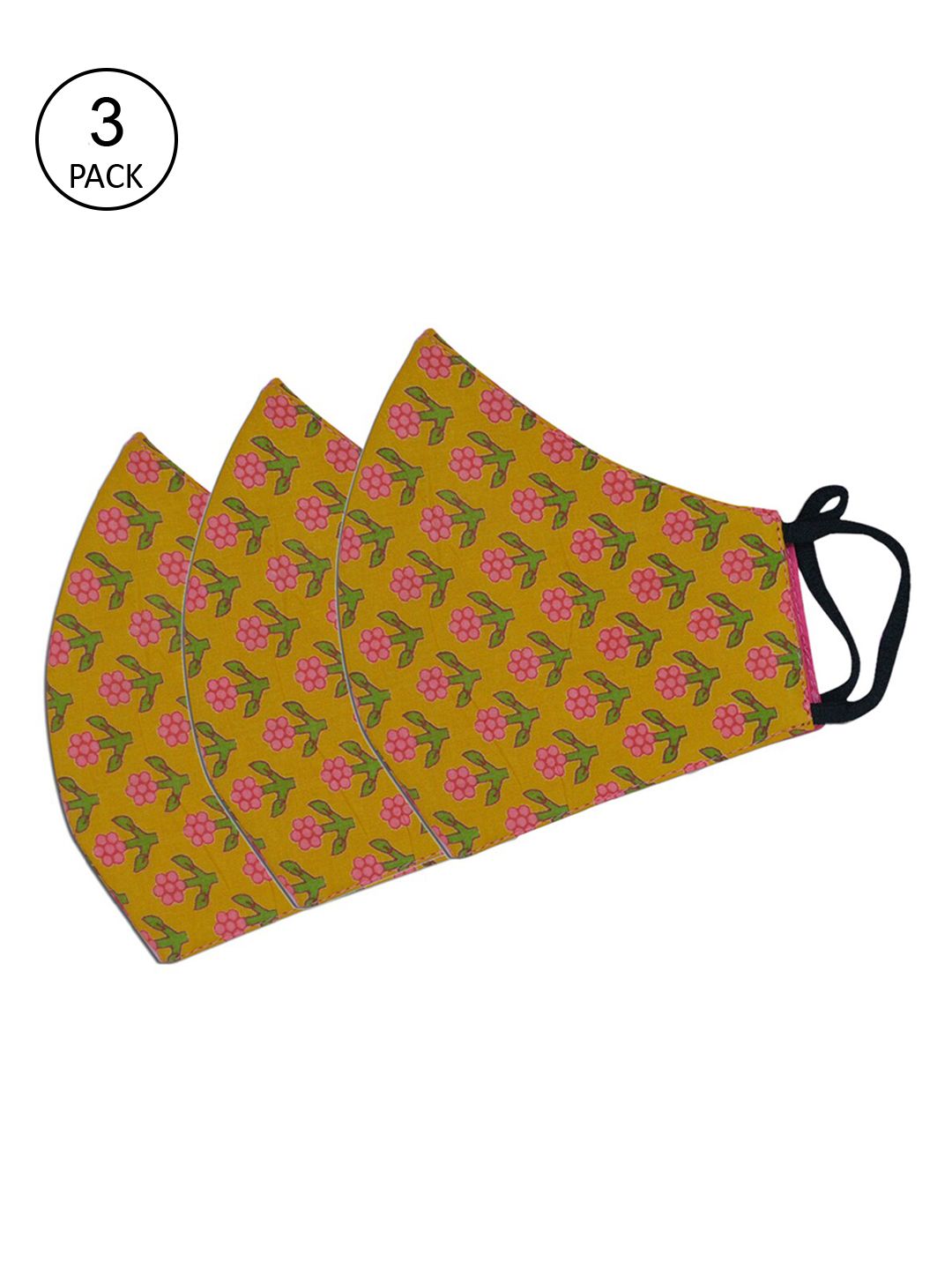Tossido Pack Of 3 Yellow & Green Floral Printed 3-Ply 100% Cotton Reusable Cloth Masks Price in India