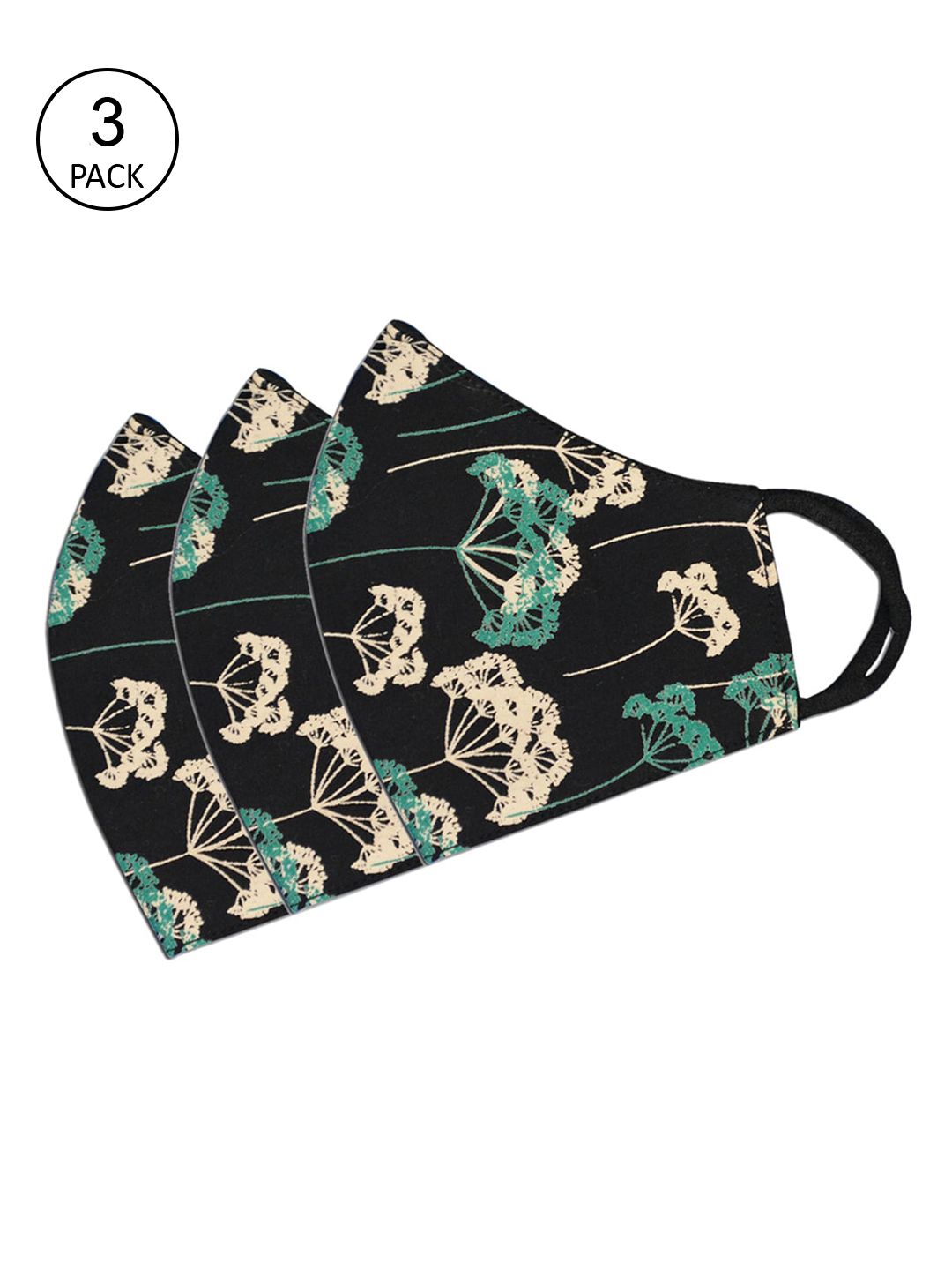 Tossido Women Pack Of 3 Black & Green Printed 100% Pure Cotton Premium 3-Ply Reusable Cloth Masks Price in India