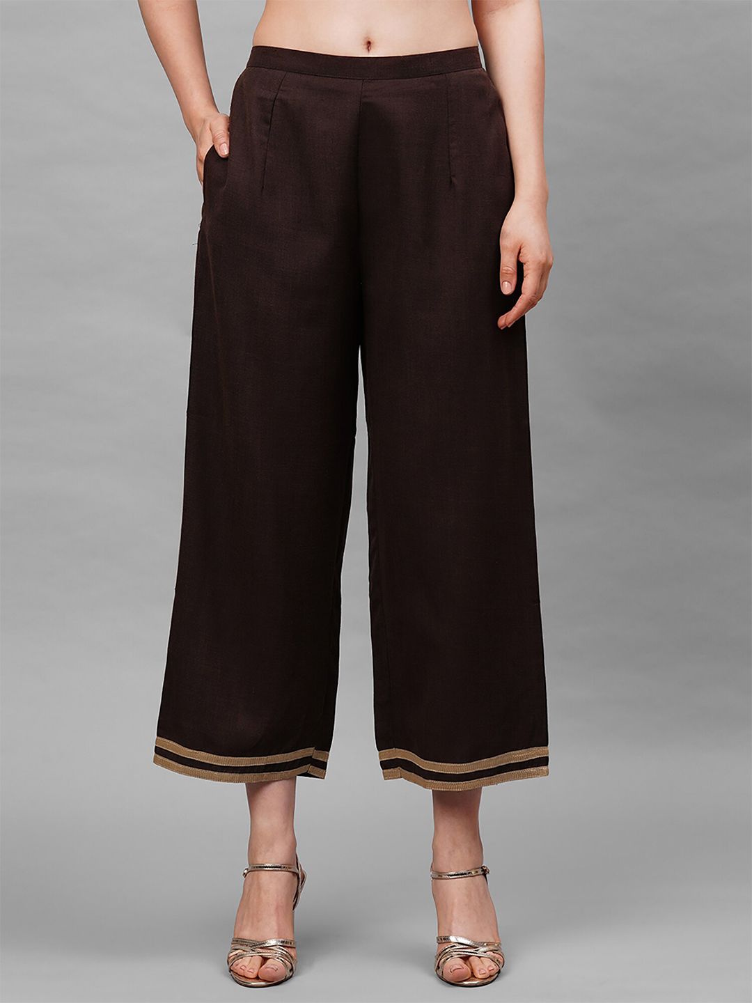 Indo Era Women Brown Solid Straight Palazzos Price in India