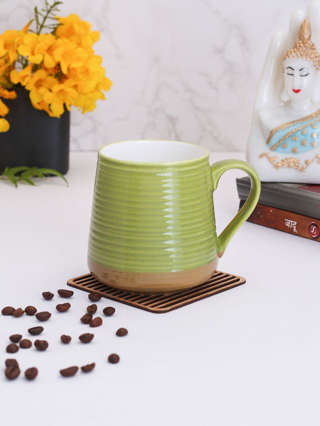 CLAY CRAFT Green & Beige Textured Ceramic Mugs Set of 2 Price in India