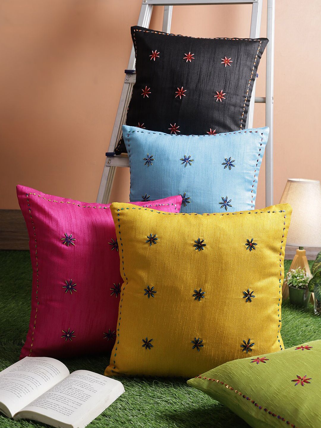 RANGDESI Black & Green Set of 5 Embroidered Square Cushion Covers Price in India
