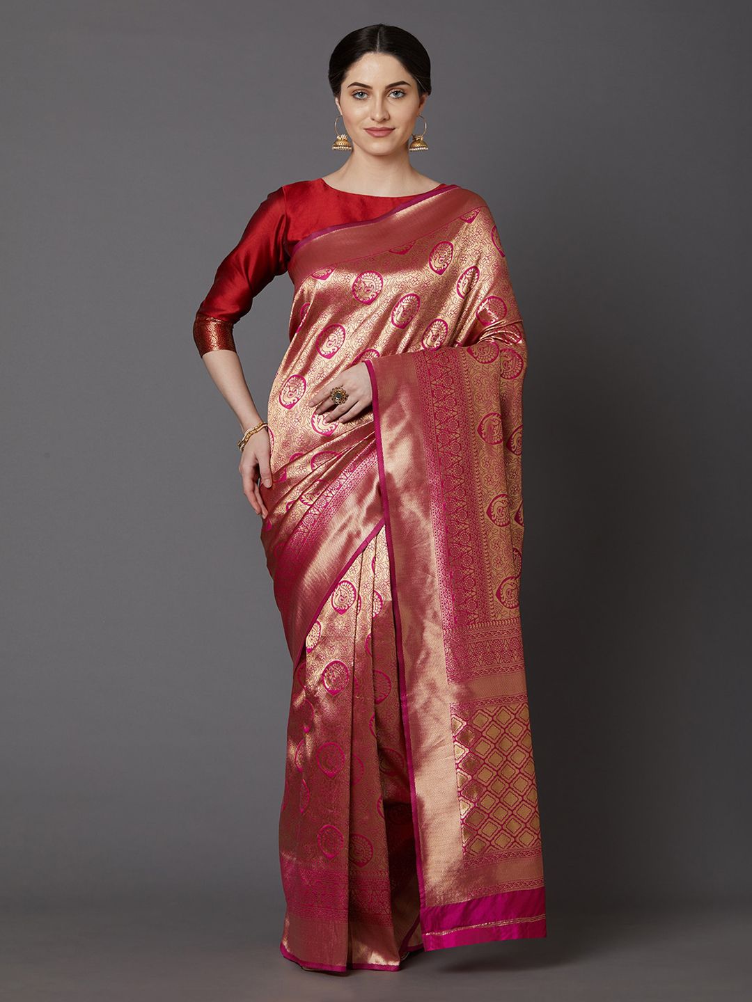 Mitera Maroon Woven Design Silk Blend Banarasi Saree Price in India