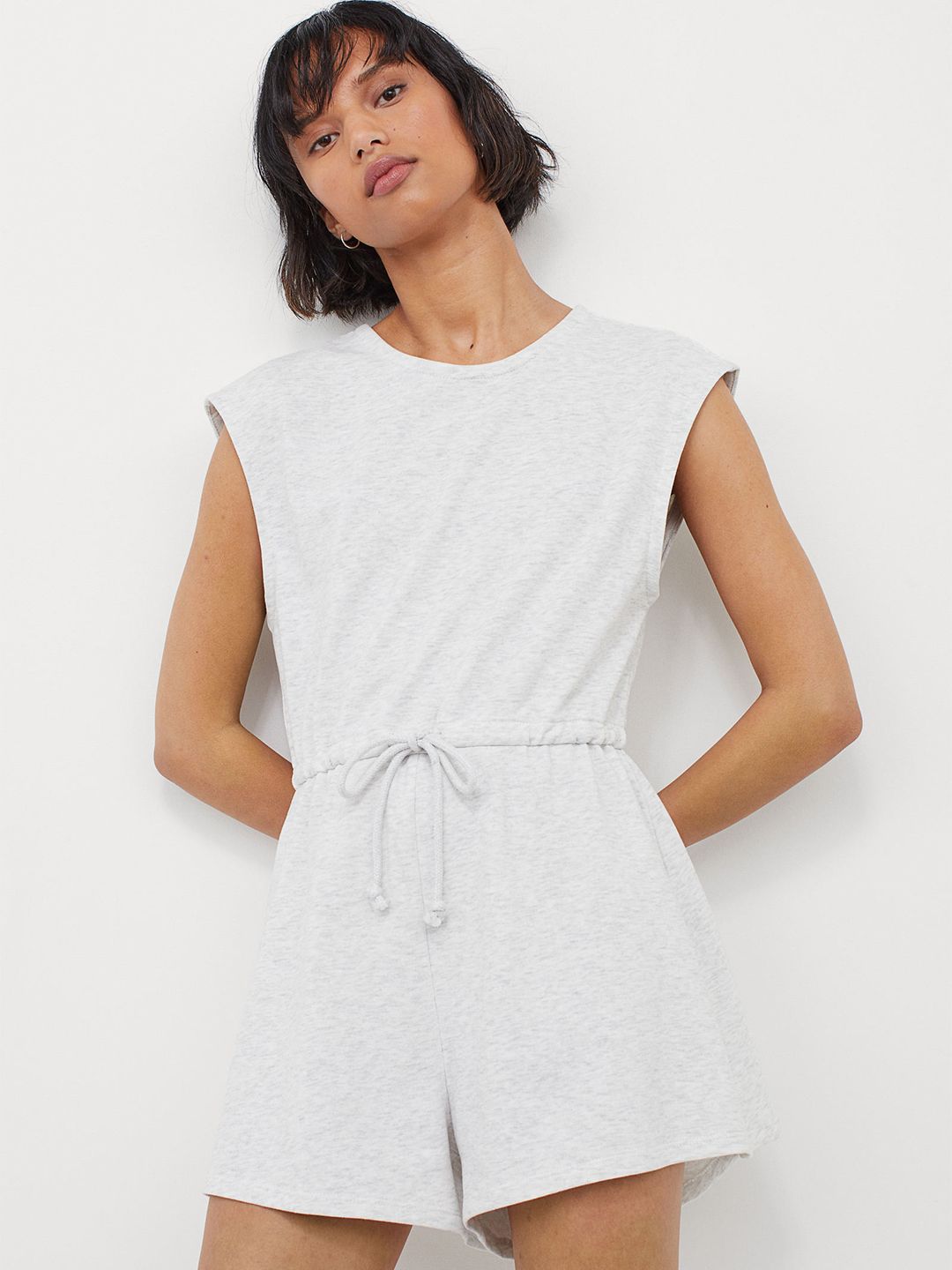 H&M Women Grey Solid Drawstring Playsuit Price in India