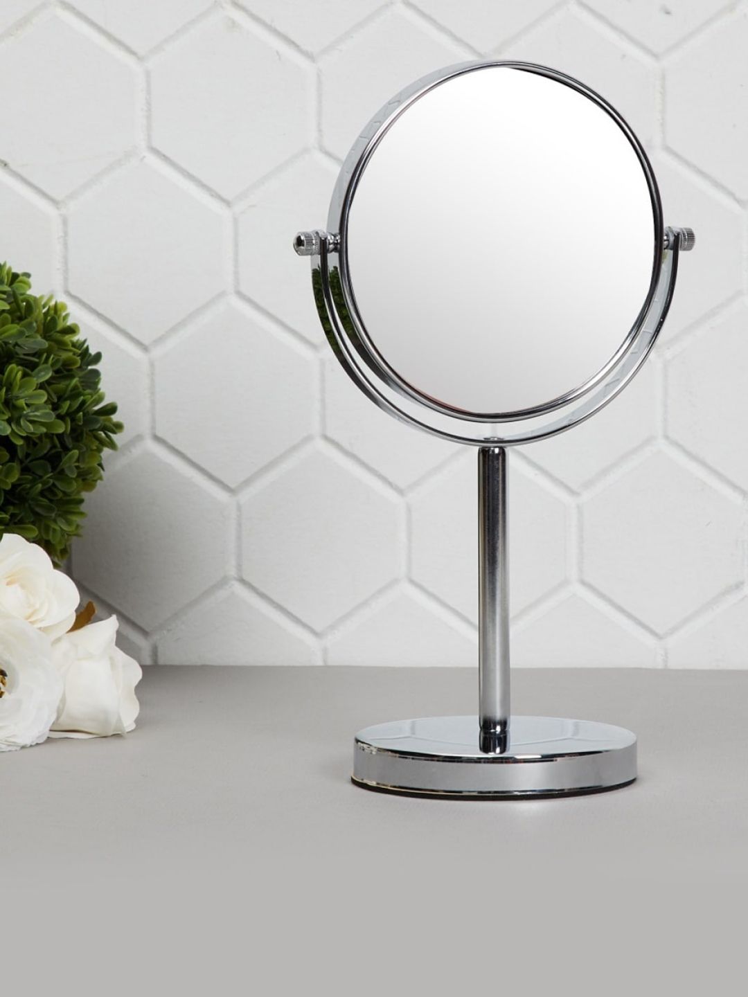 Home CentreSilver-Toned Solid Double-Sided Vanity Mirror With Stand Price in India
