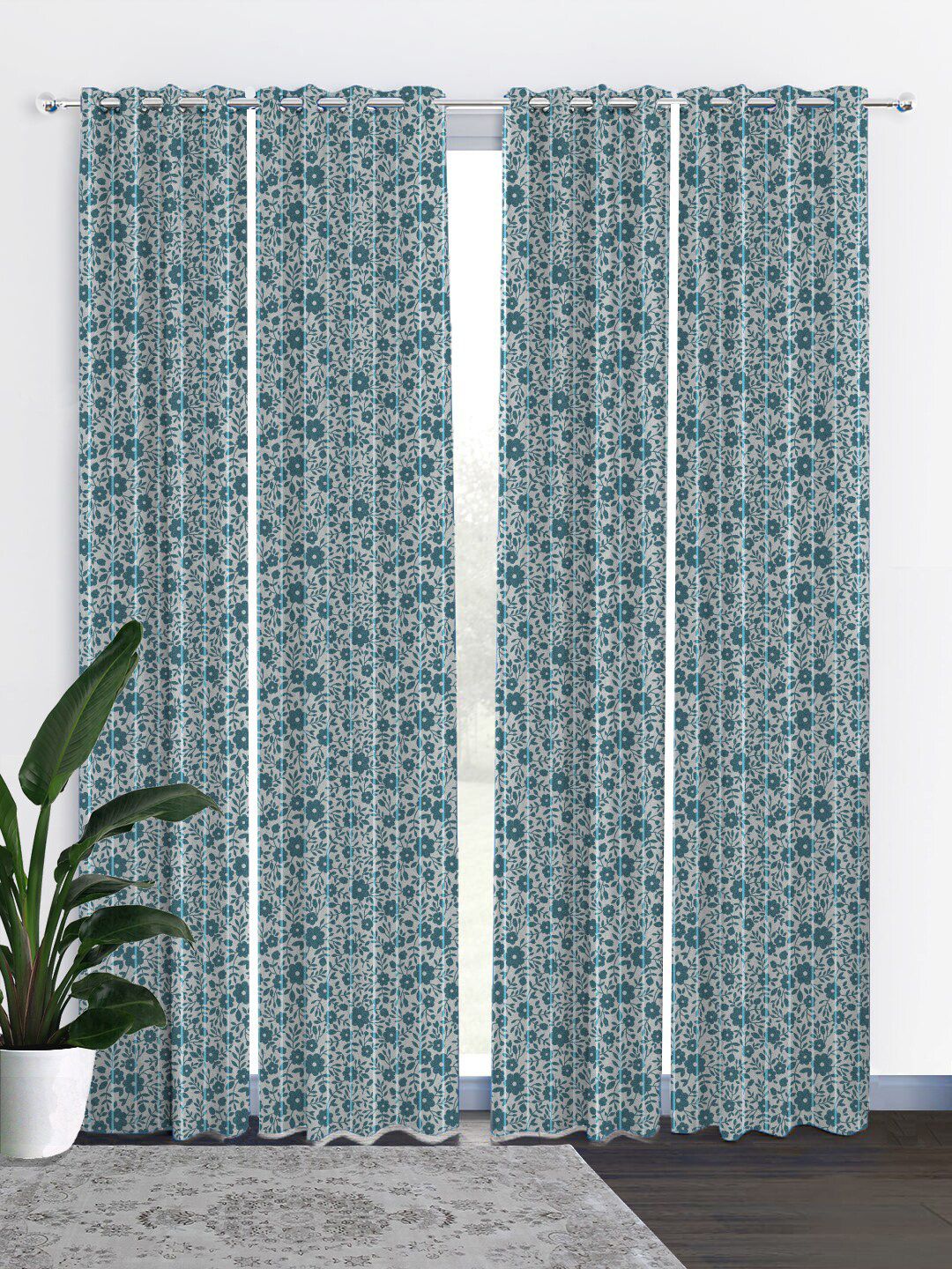 HOUZZCODE Grey & Blue Set of 4 Curtains Price in India