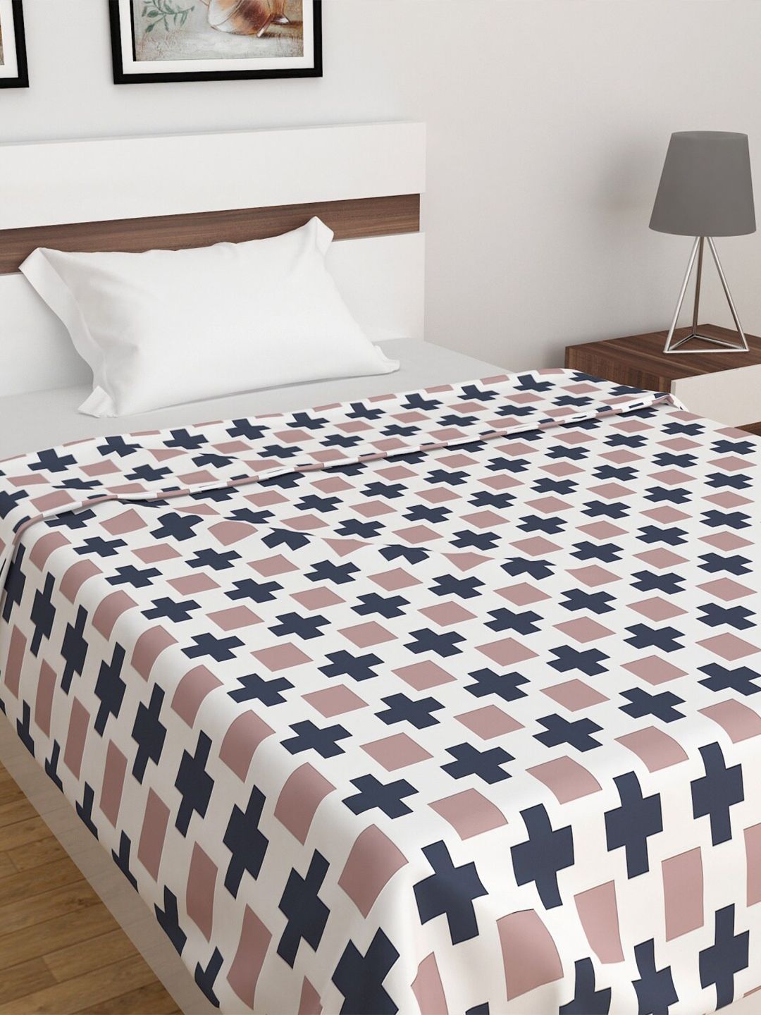 Home Centre White & Navy Blue Geometric AC Room 260 GSM Single Bed Blanket Price in India