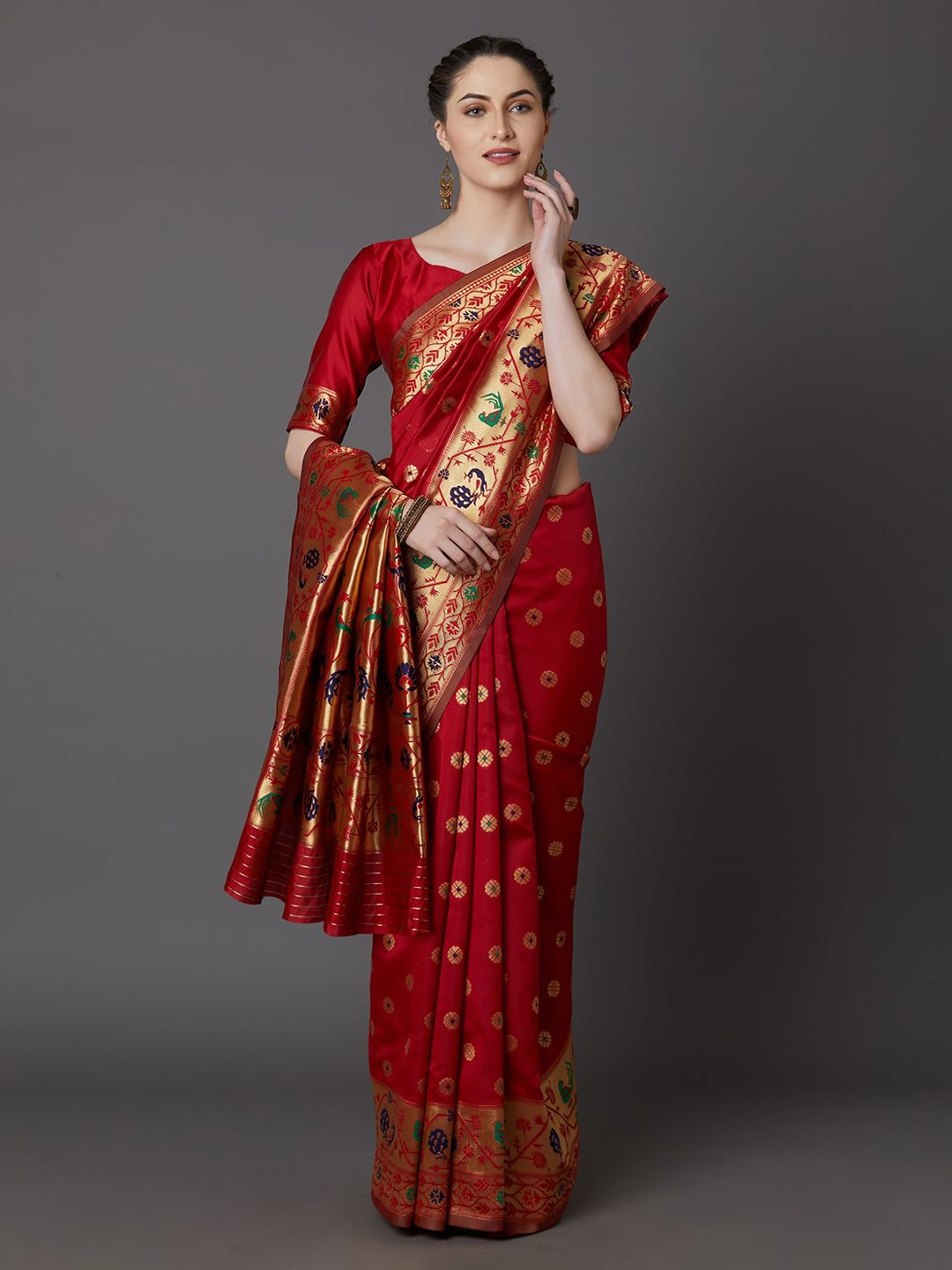 Mitera Red Woven Design Silk Blend Banarasi Saree Price in India